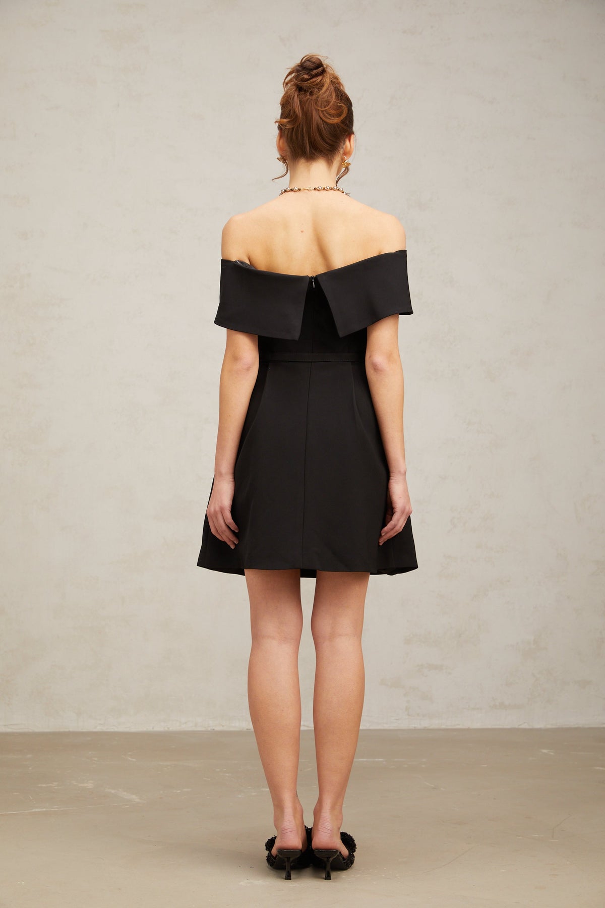 Greta black off-shoulder belted mini dress
