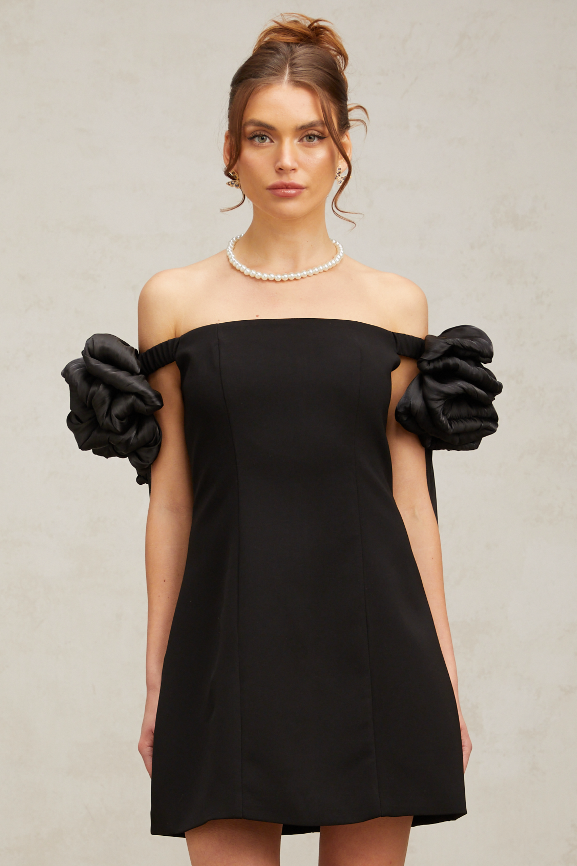 Erica black flower-detail off-shoulder mini dress (Final Sale-US Only)