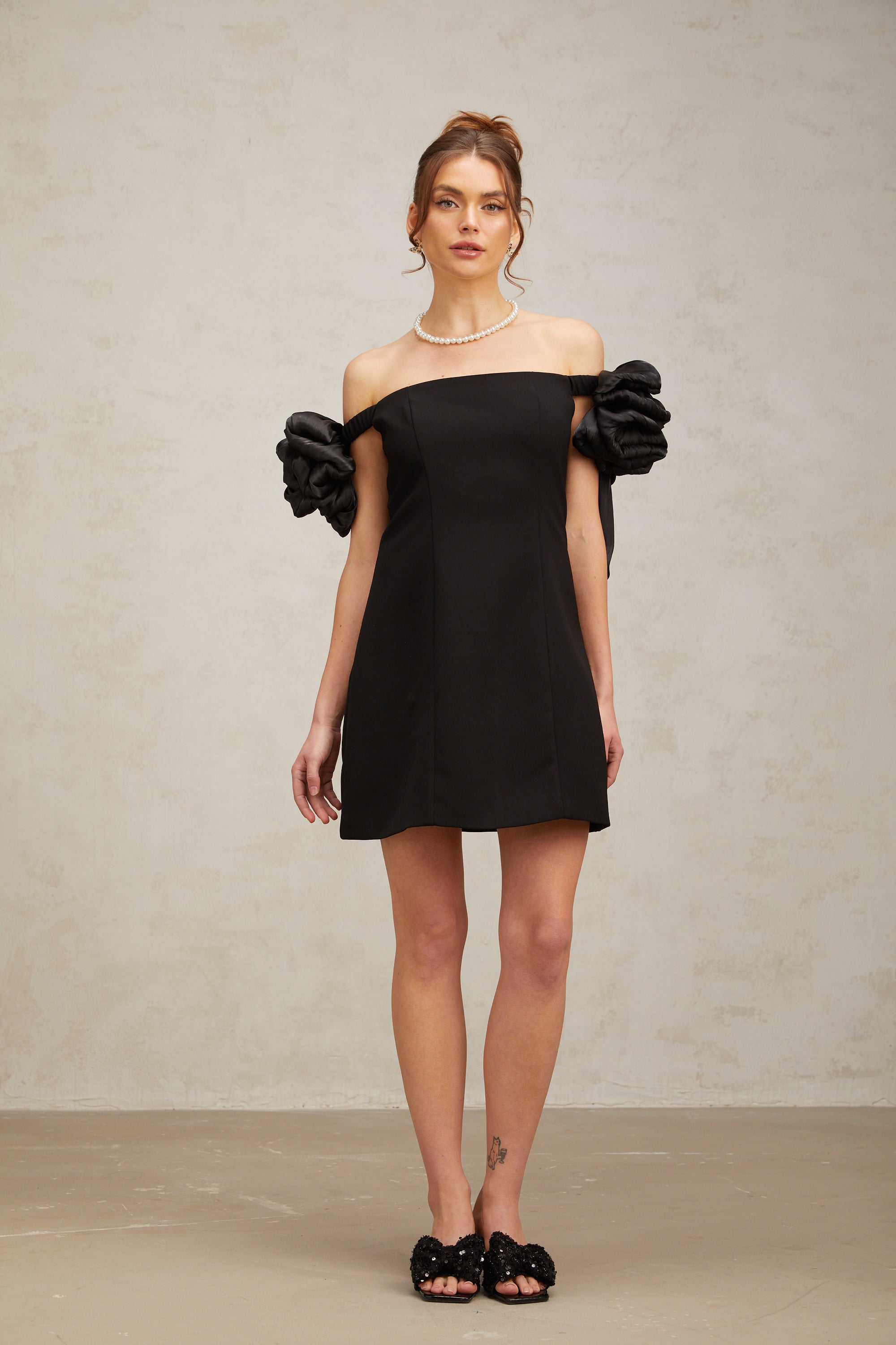 Erica black flower-detail off-shoulder mini dress (Final Sale-US Only)