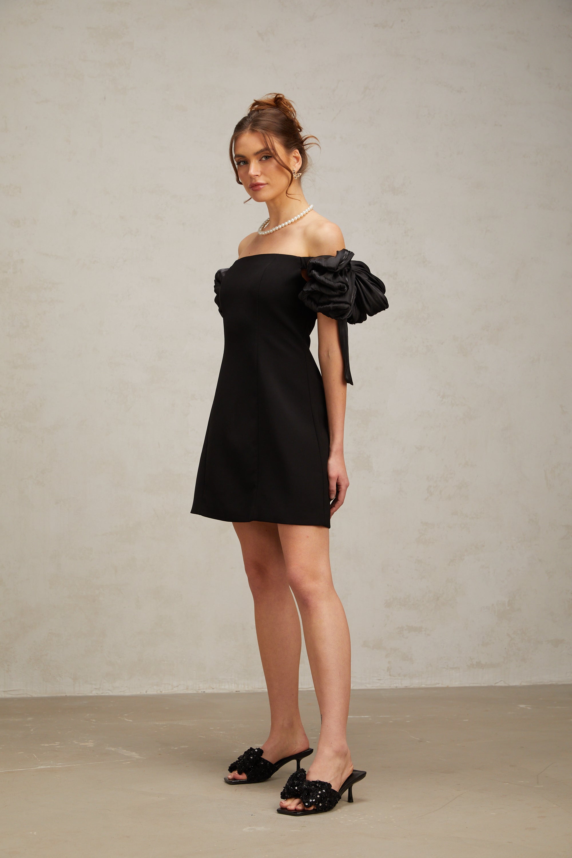 Erica black flower-detail off-shoulder mini dress (Final Sale-US Only)