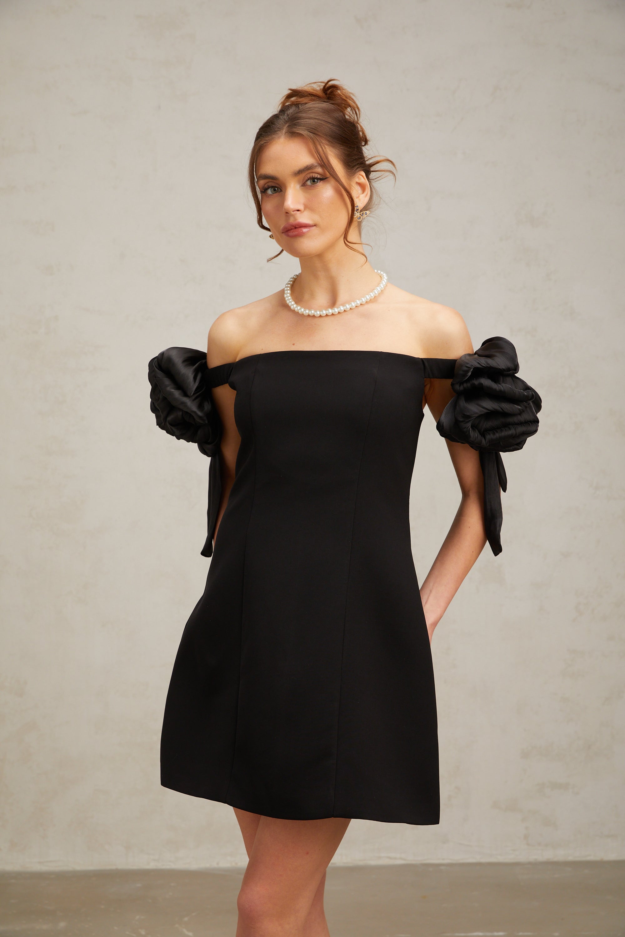 Erica black flower-detail off-shoulder mini dress (Final Sale-US Only)