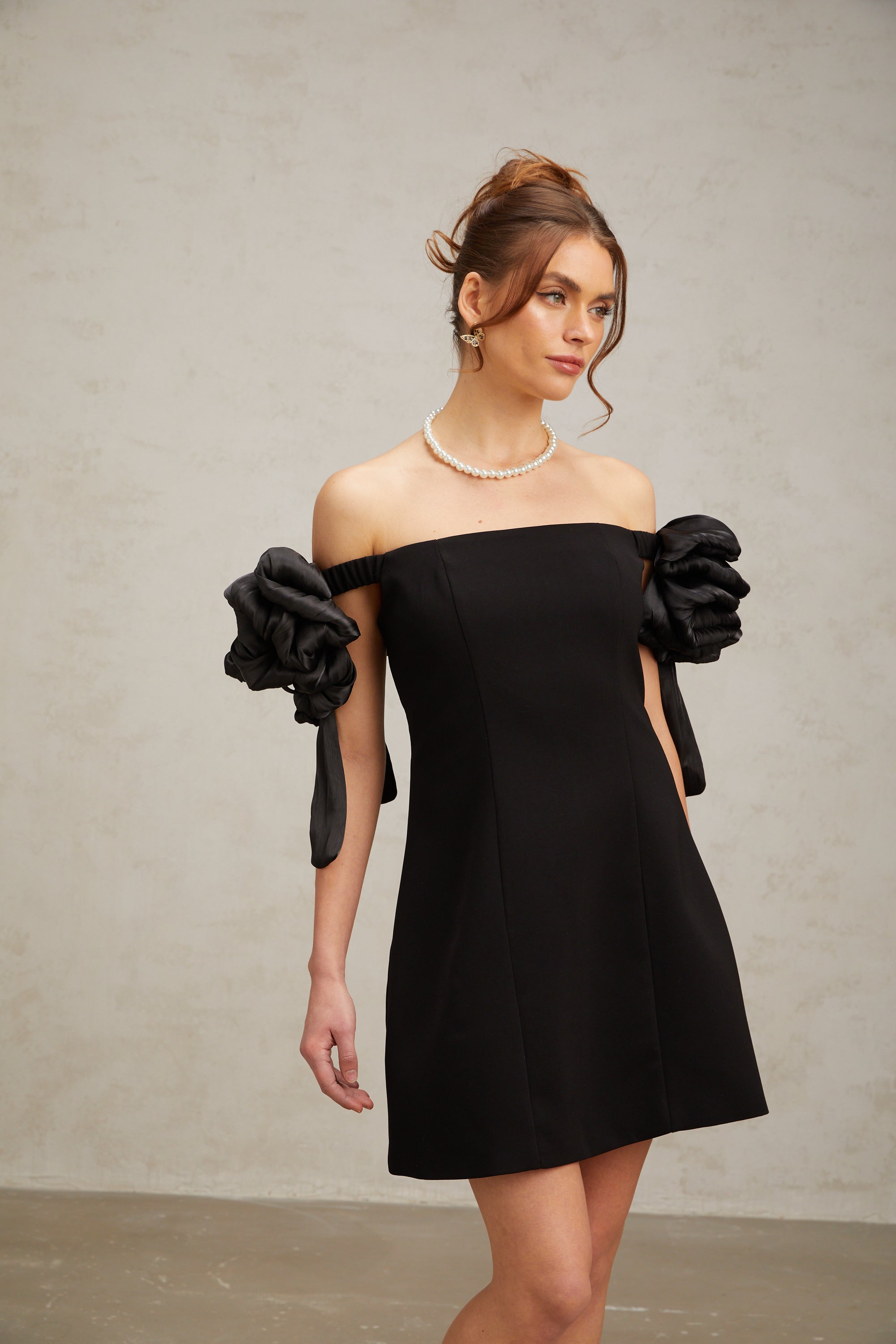 Erica black flower-detail off-shoulder mini dress (Final Sale-US Only)
