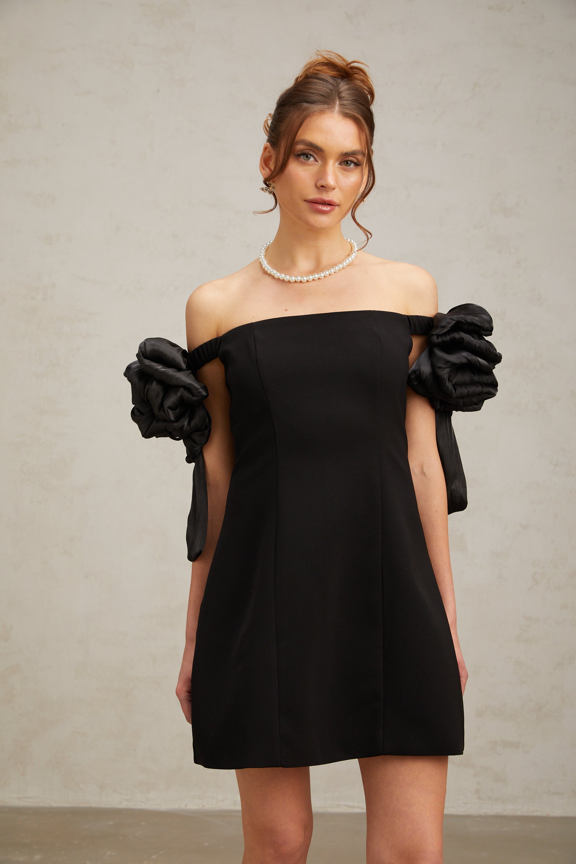 Erica black flower-detail off-shoulder mini dress (Final Sale-US Only)