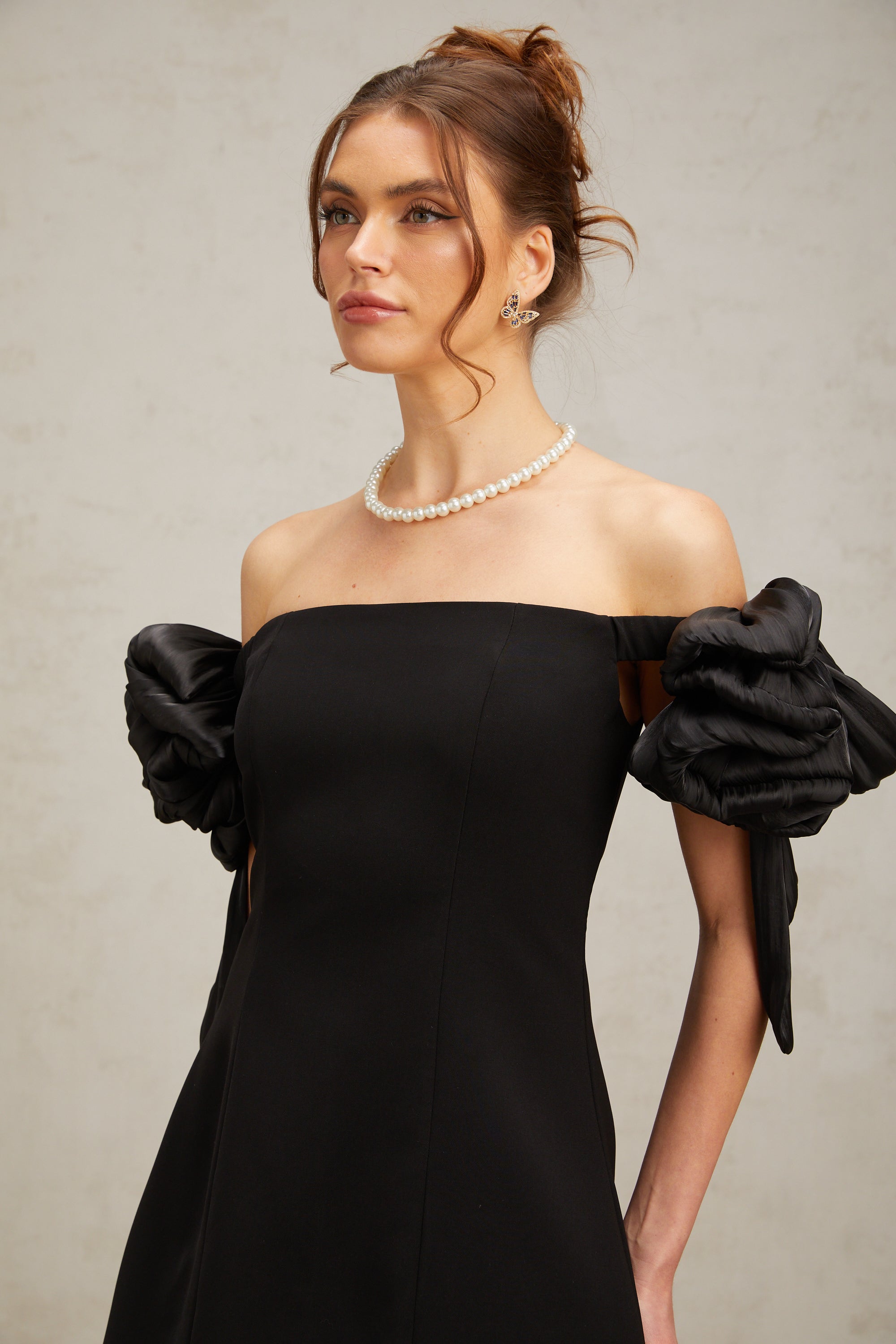 Erica black flower-detail off-shoulder mini dress (Final Sale-US Only)
