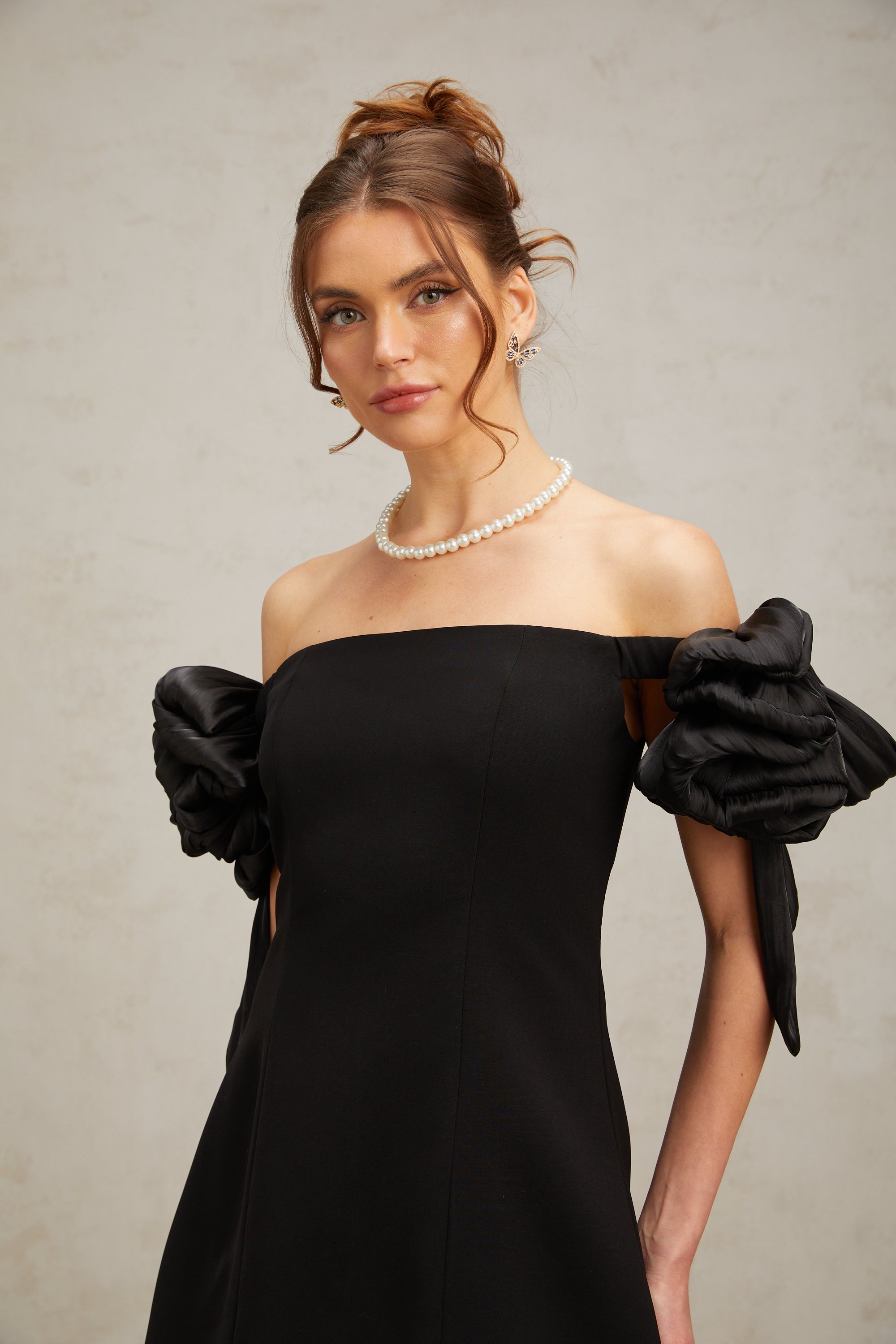 Erica black flower-detail off-shoulder mini dress (Final Sale-US Only)