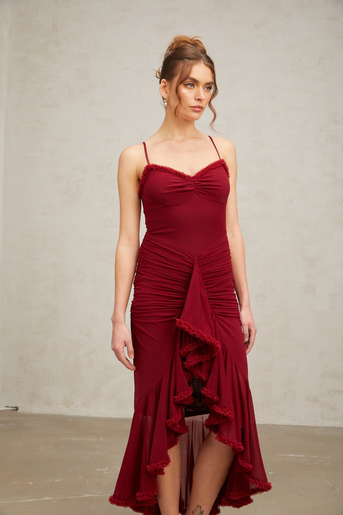 Viviane ruffle draped maxi dress in Red