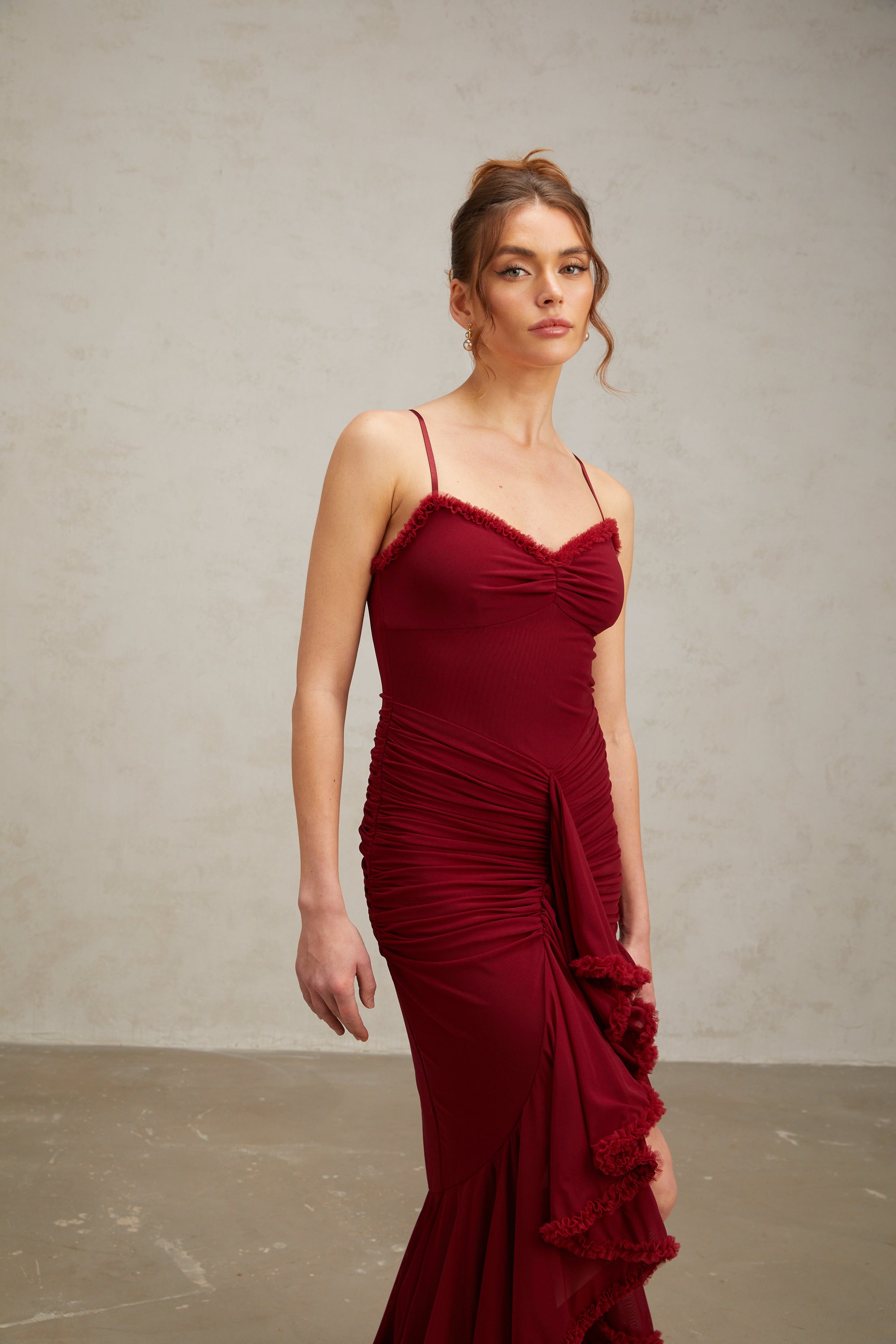 Viviane ruffle draped maxi dress in Red