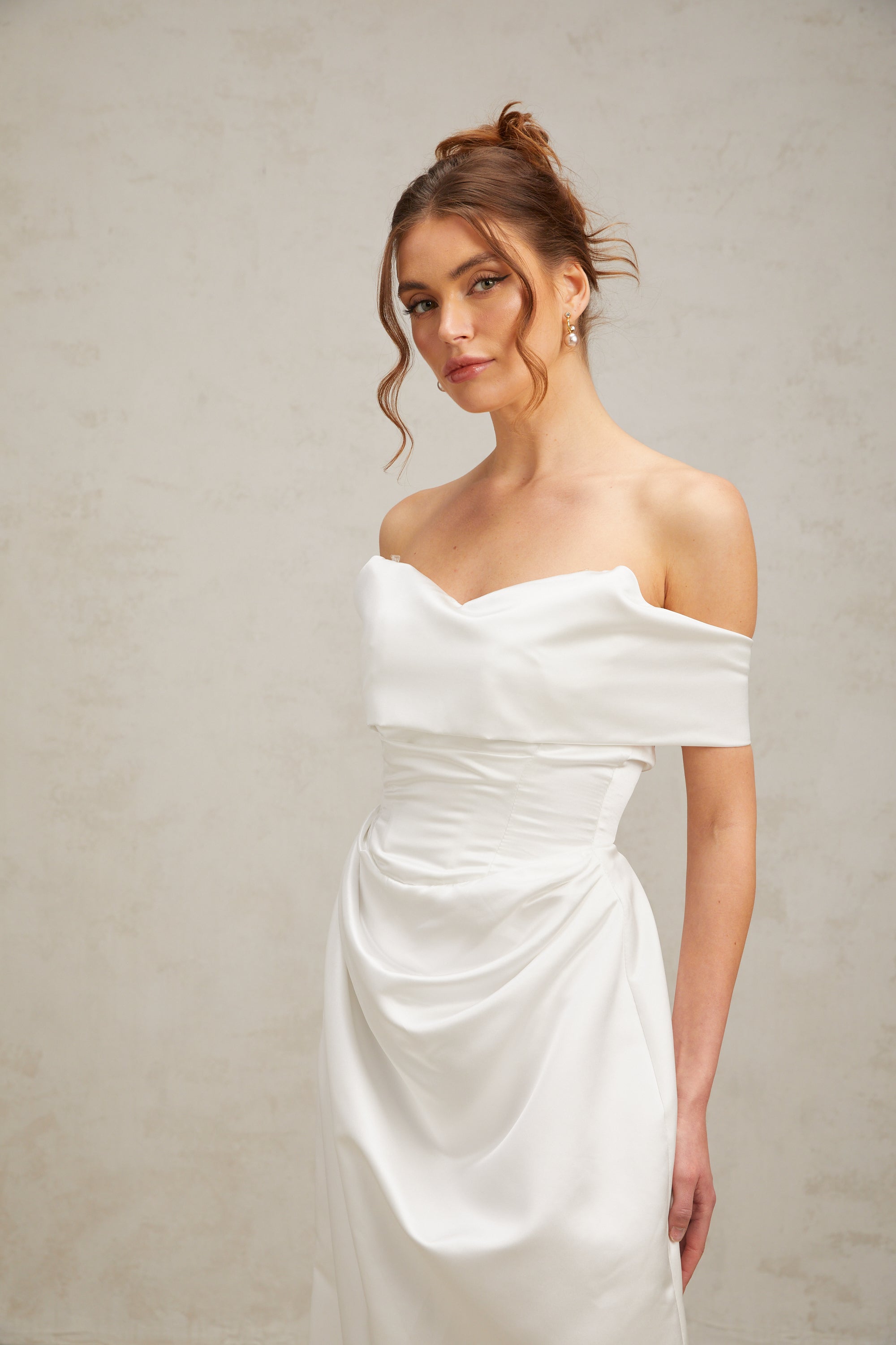 Lucia white off-shoulder ruched satin maxi dress (US Only)