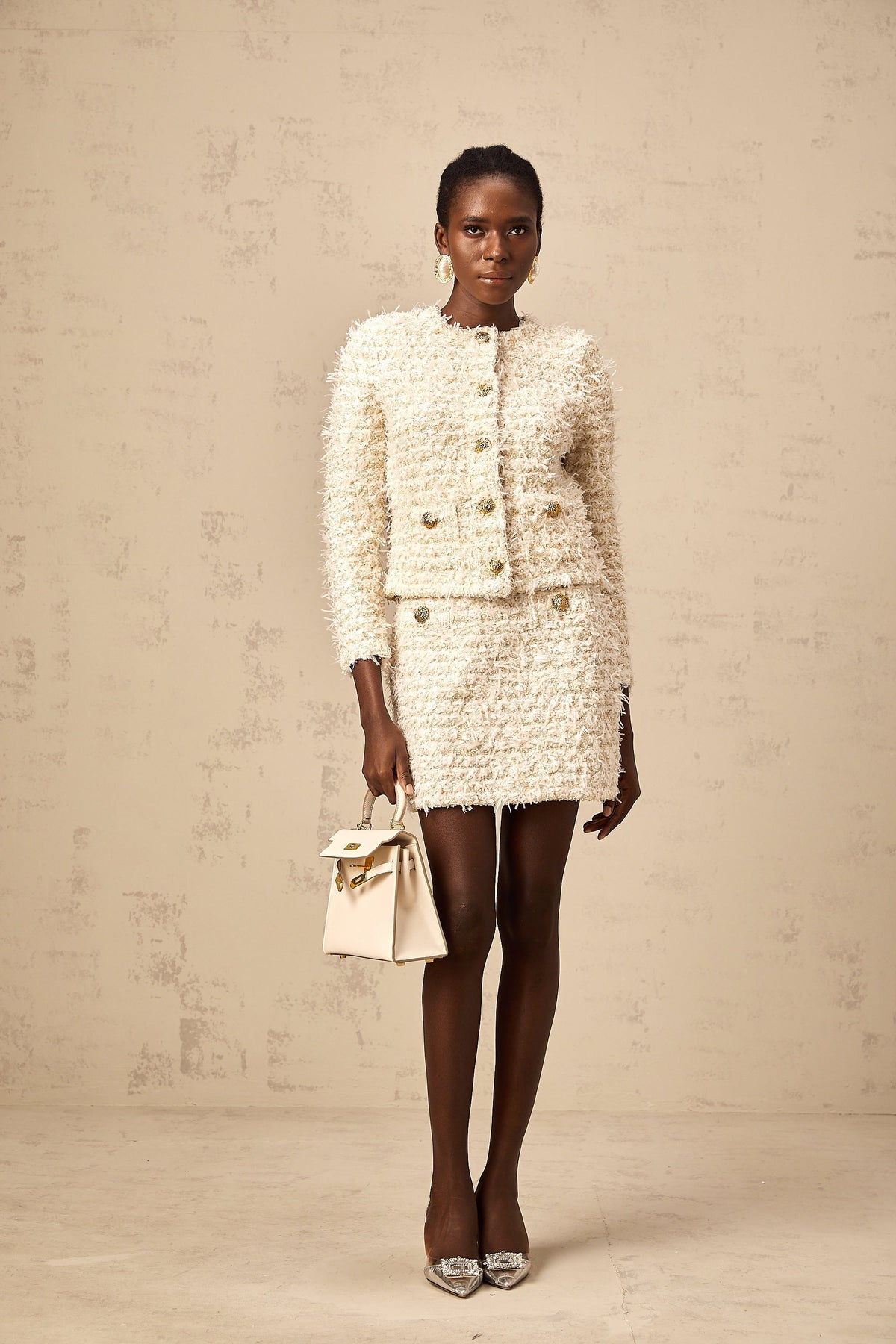 Jolanda white furry knit cardigan & skirt matching set