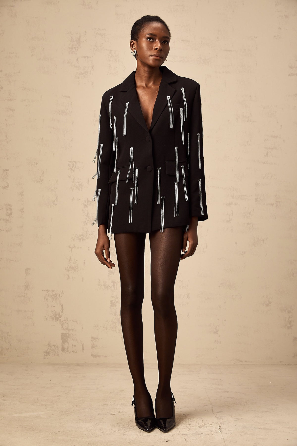 Regina black crystal-tassel blazer