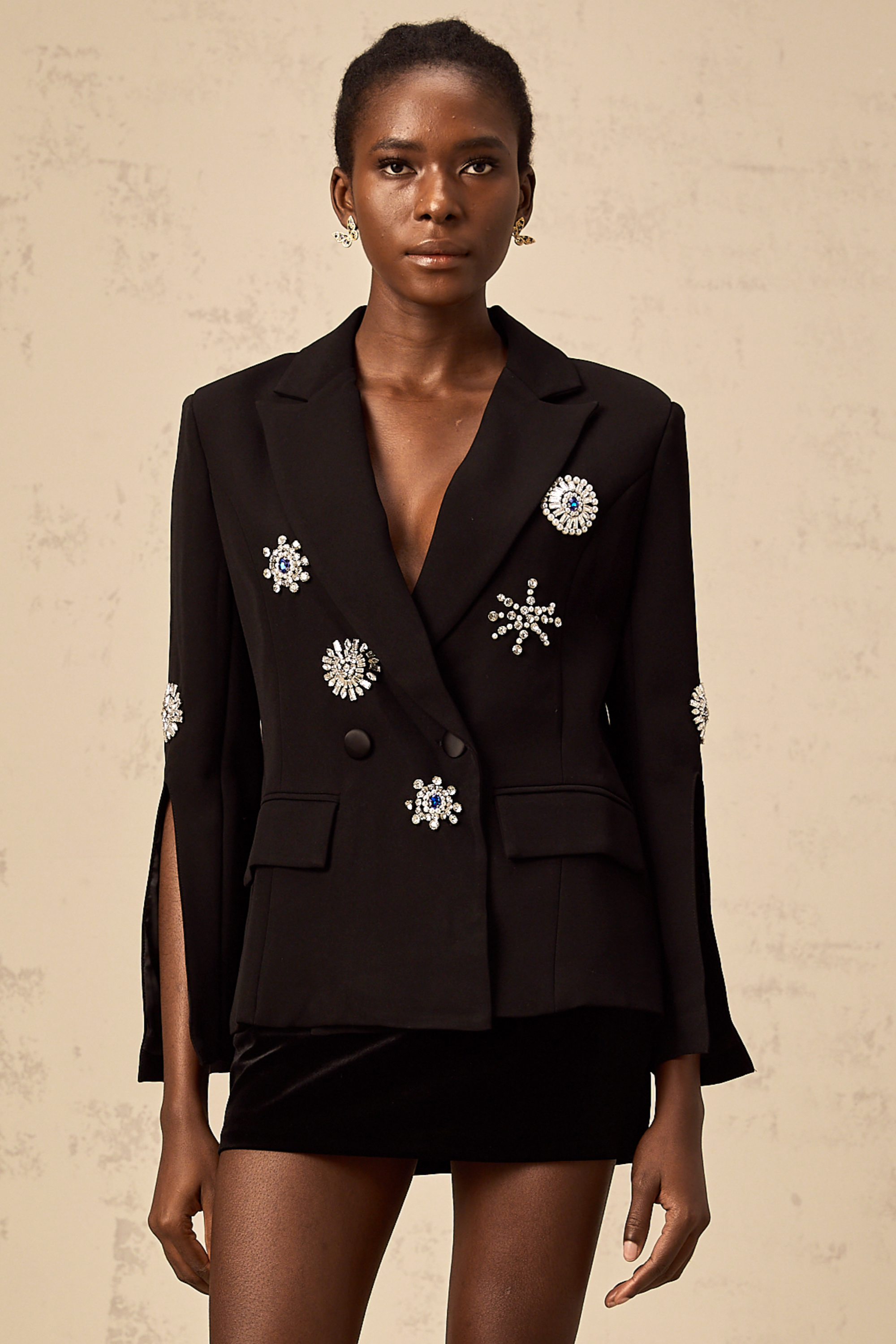 Geltrude black crystal-embellished slit-cuff blazer