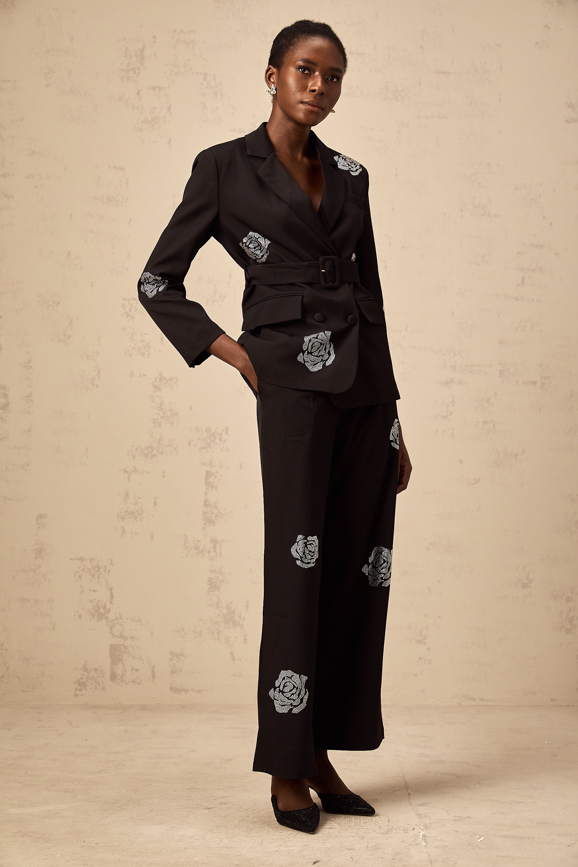Phoebe black studded-rose blazer & trousers matching set