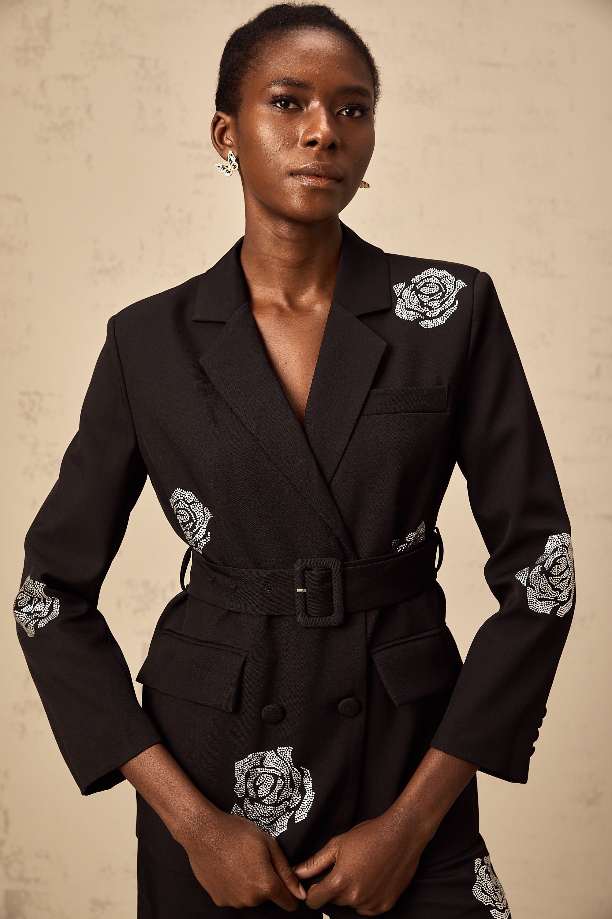 Phoebe black studded-rose blazer & trousers matching set
