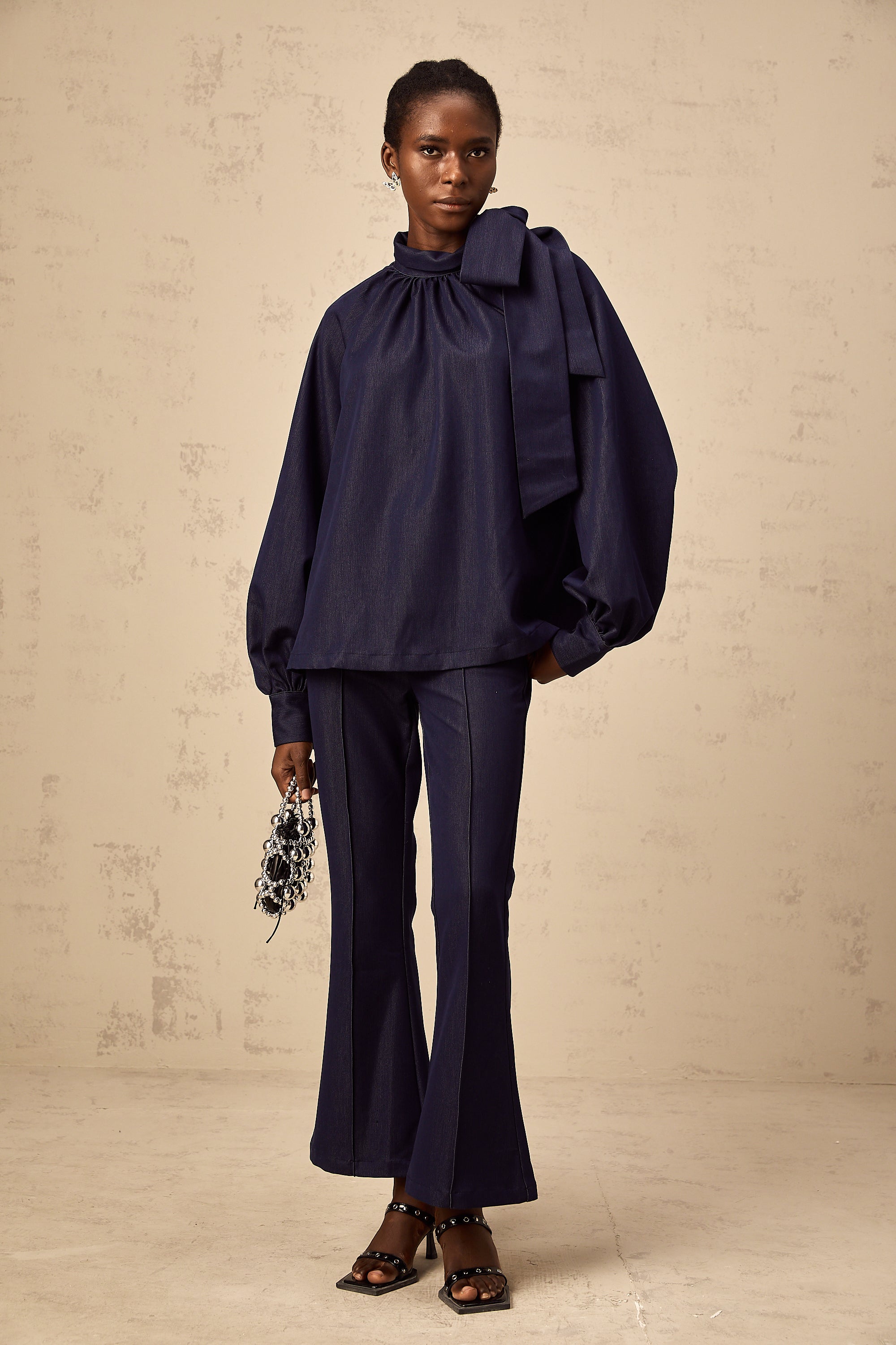 Mathilde denim blue flared blouse & trousers matching set (US Only)