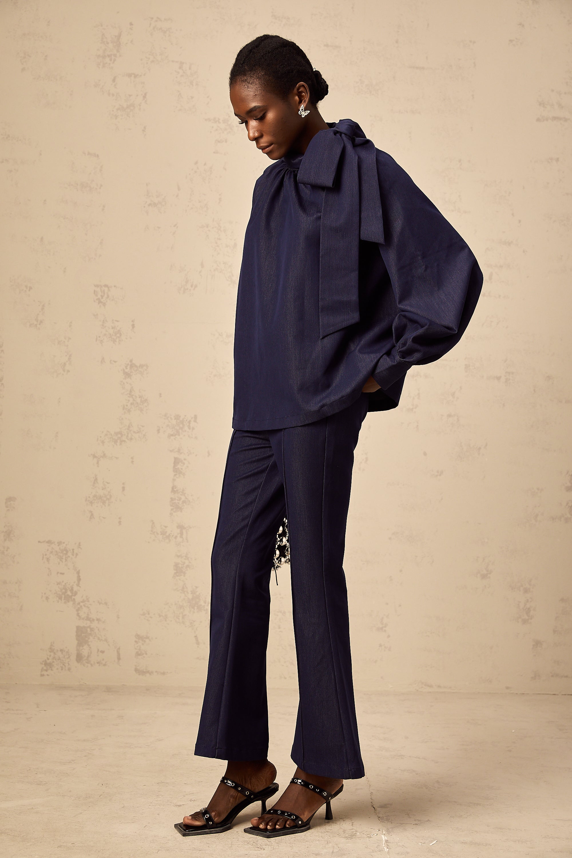 Mathilde denim blue flared blouse & trousers matching set (US Only)