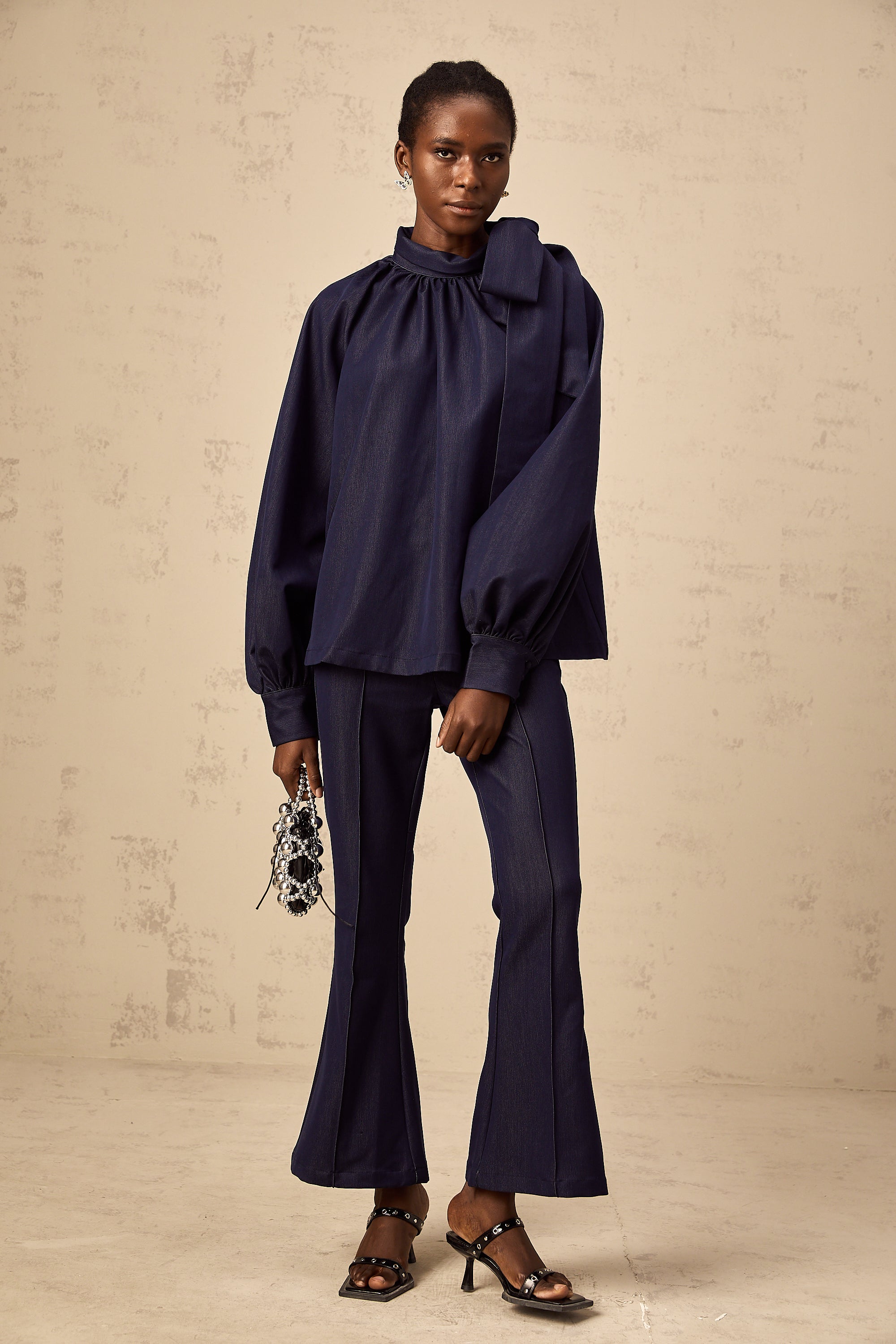 Mathilde denim blue flared blouse & trousers matching set (US Only)