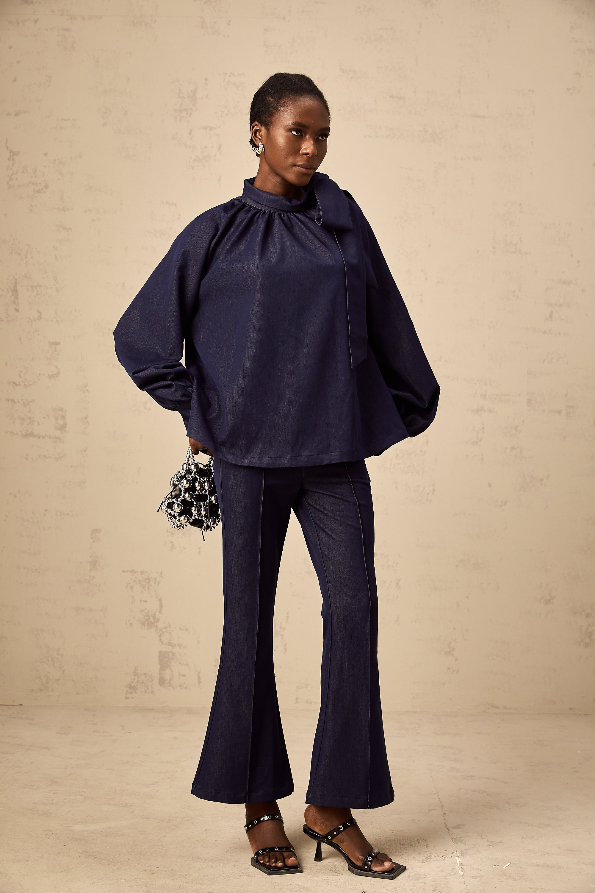 Mathilde denim blue flared blouse & trousers matching set (US Only)