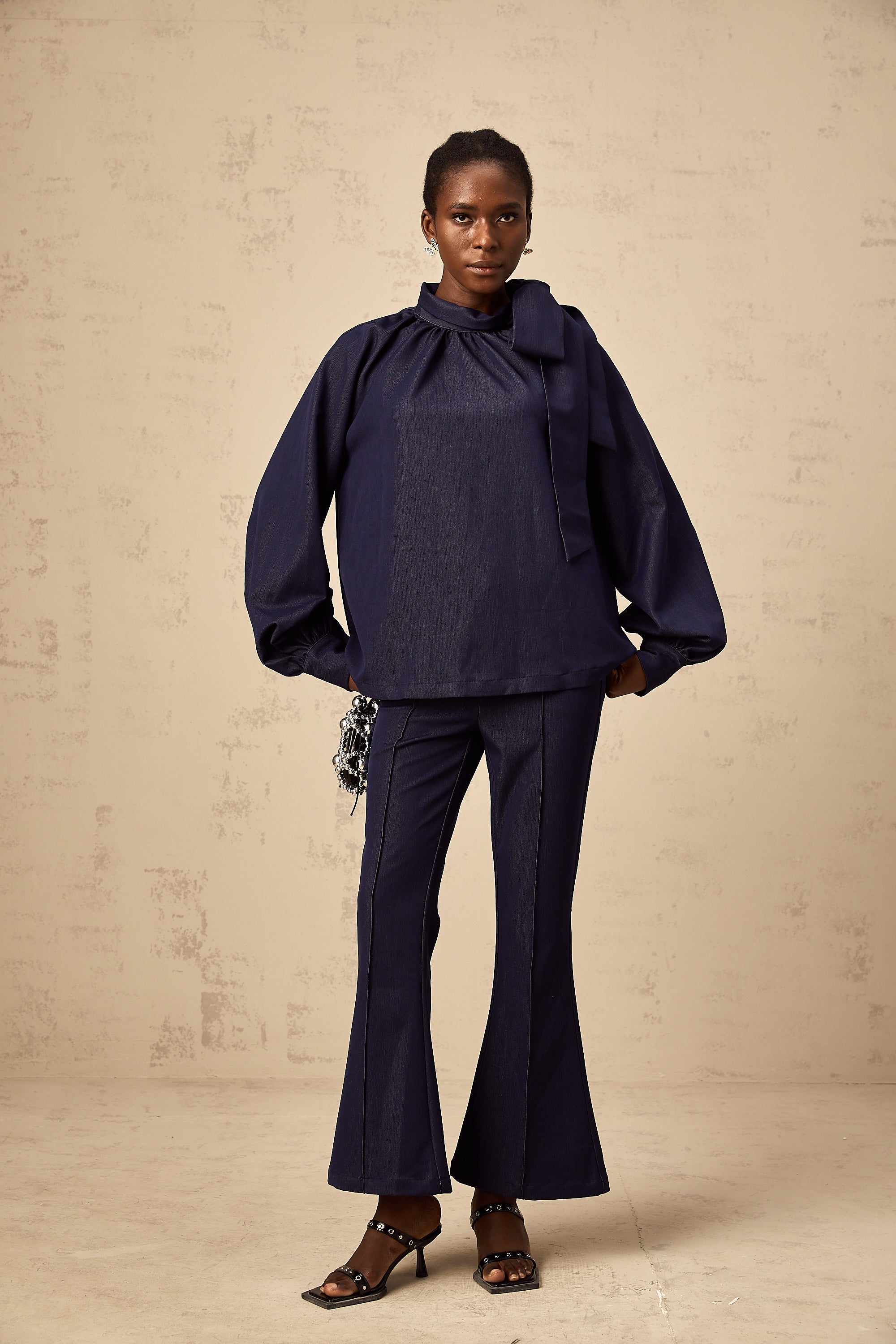 Mathilde denim blue flared blouse & trousers matching set (US Only)