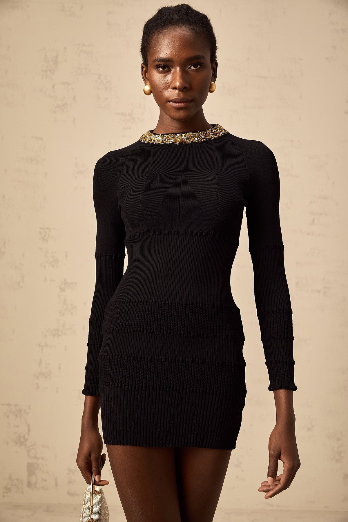 Lola black sequined ribbed-knit mini dress