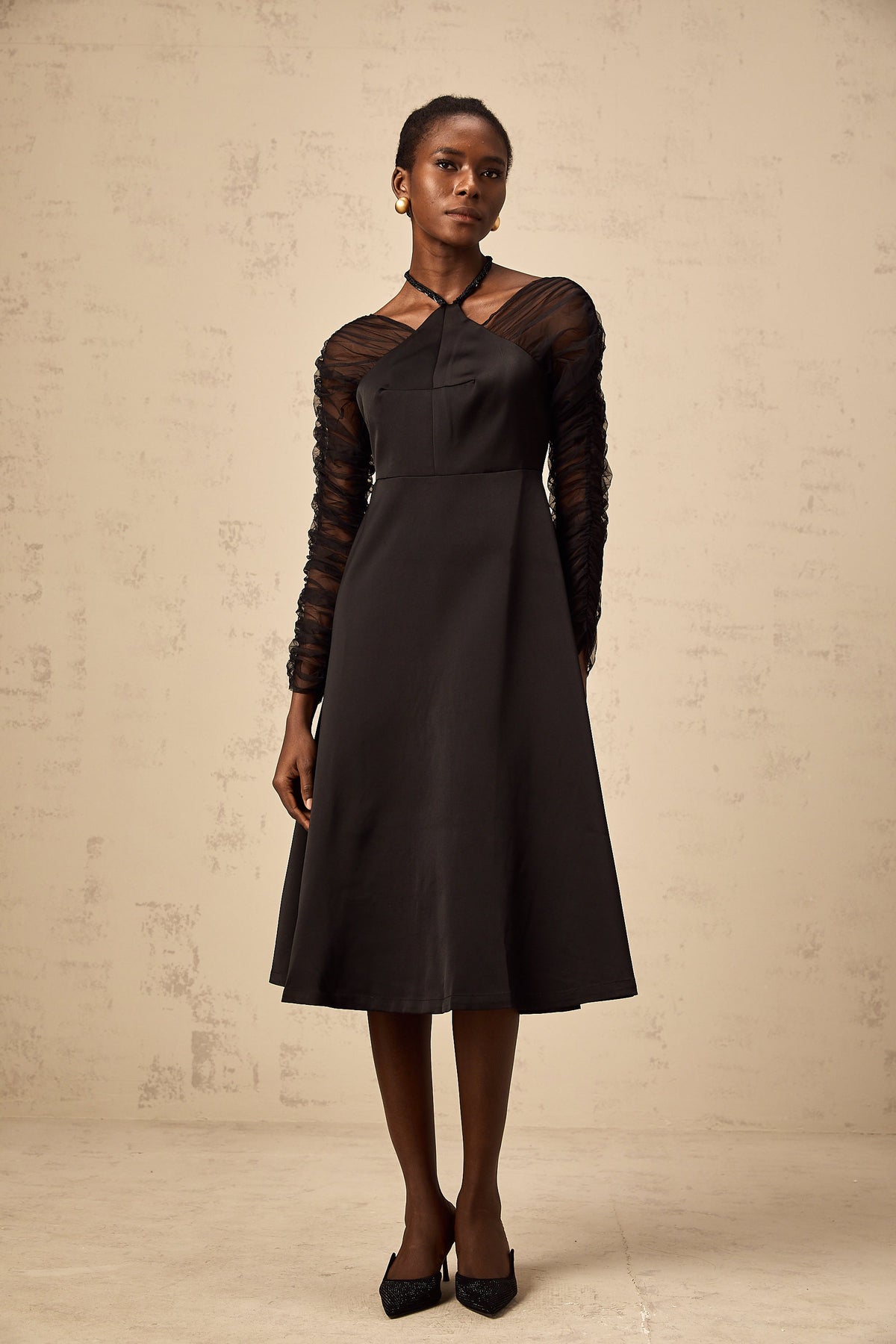 Vanessa black halterneck panelled midi dress