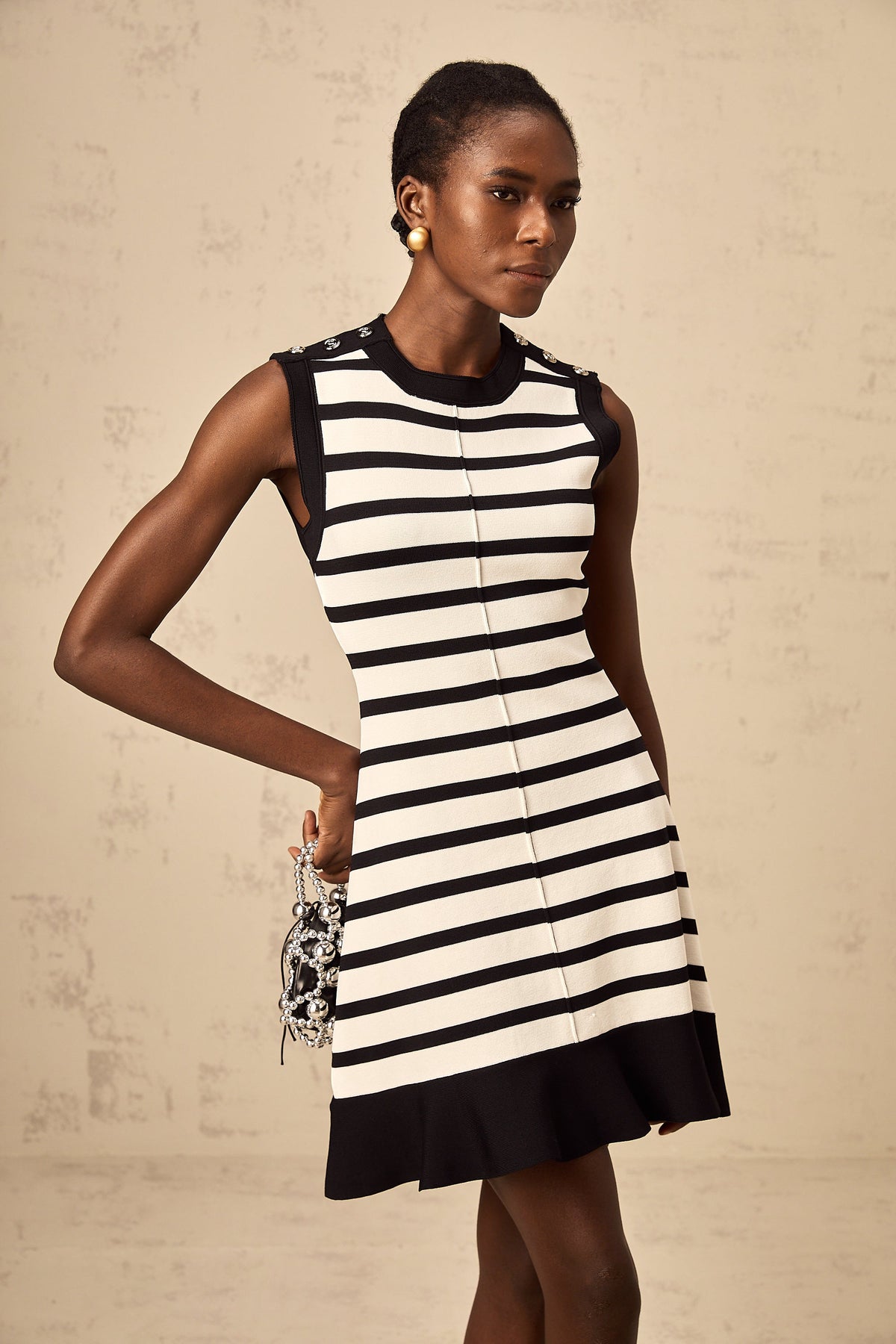 Heloise black horizontal-striped knit mini dress