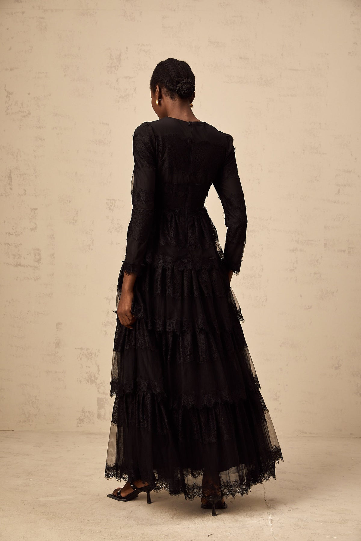 Gloria black guipure lace tulle tiered maxi dress