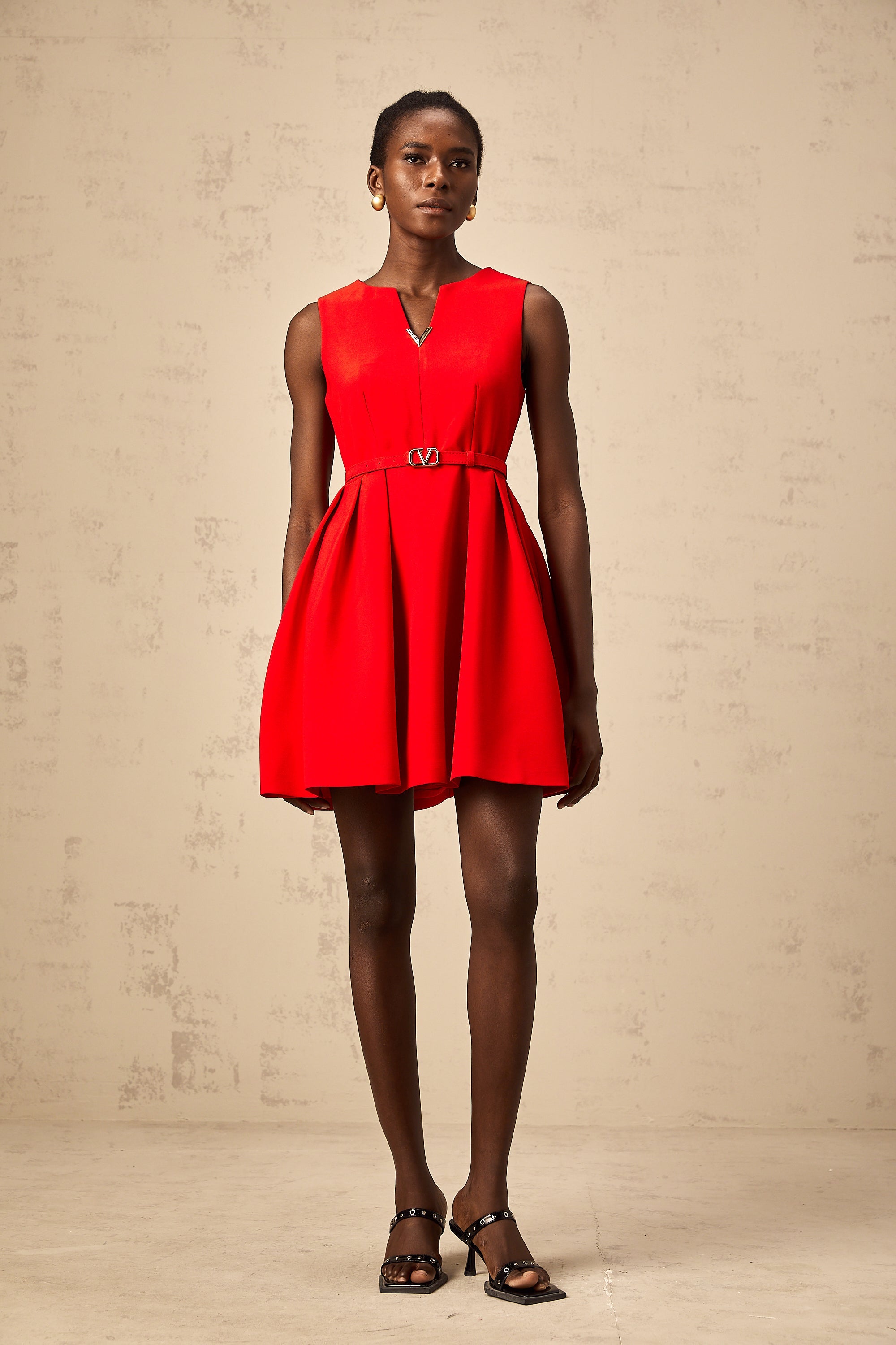 Quiana red split-neck cinched-waist mini dress (Final Sale)