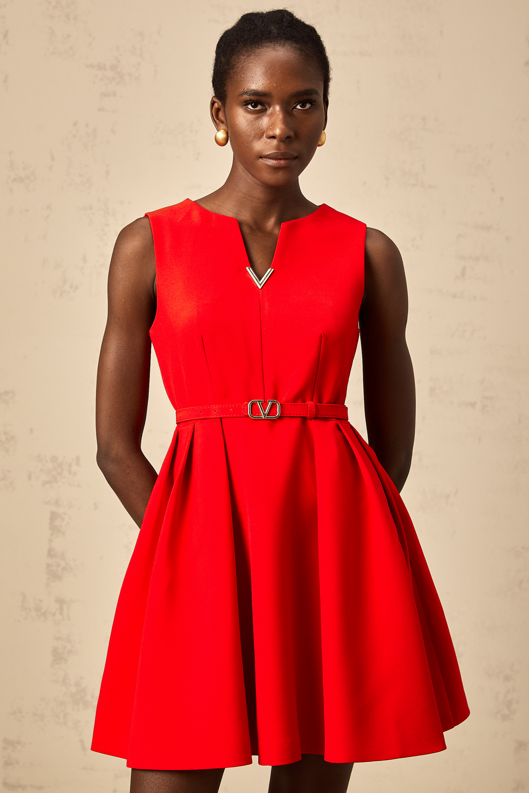 Quiana red split-neck cinched-waist mini dress (Final Sale)