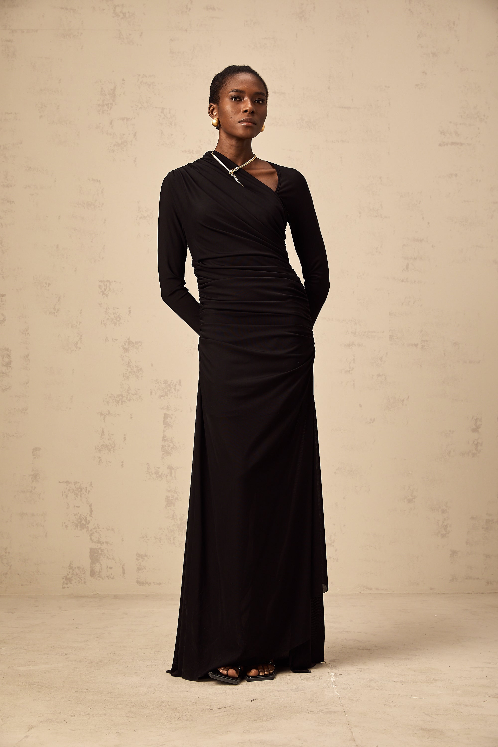Natalie black cut-out asymmetrical tulle maxi dress