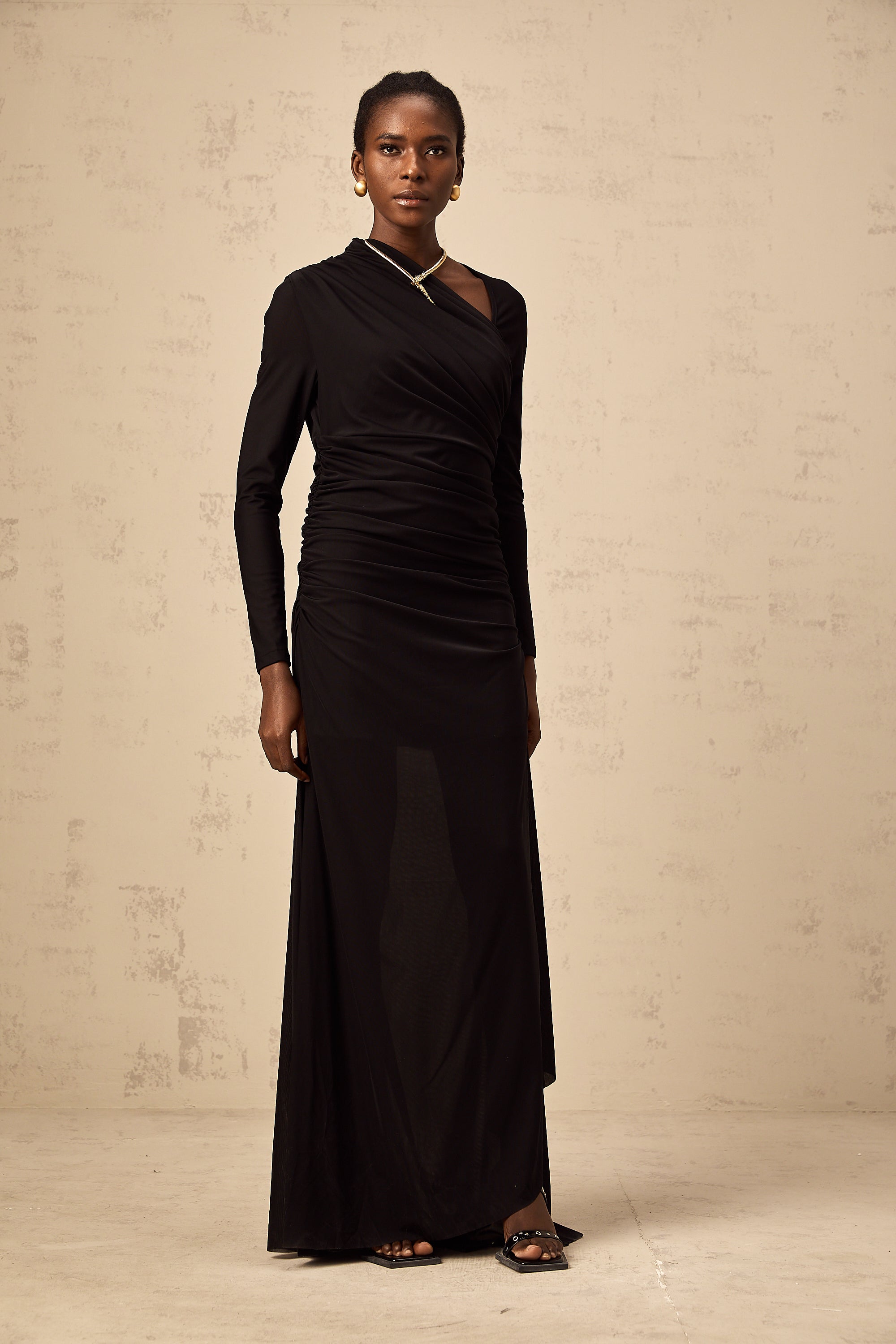 Natalie black cut-out asymmetrical tulle maxi dress