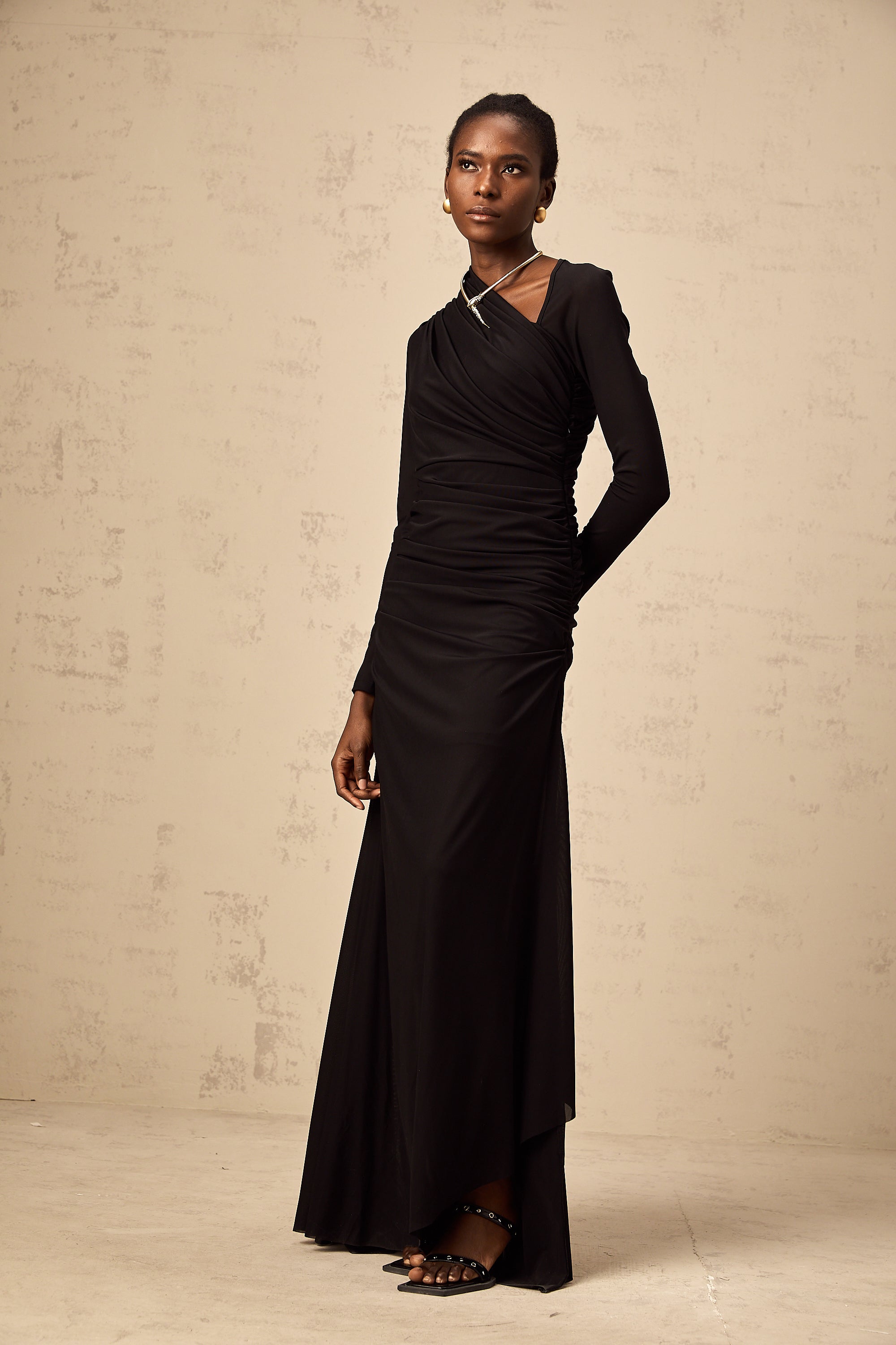 Natalie black cut-out asymmetrical tulle maxi dress