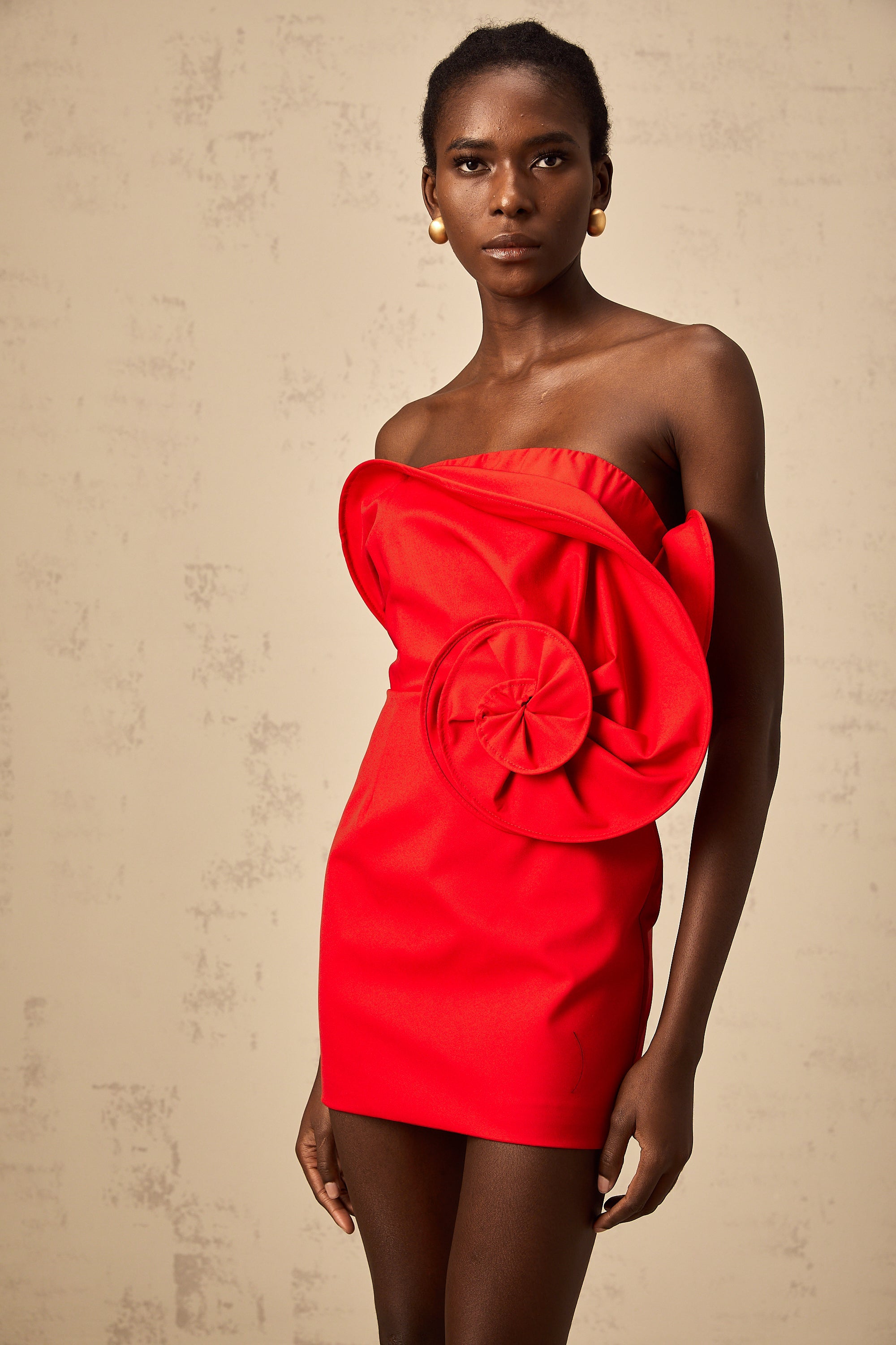 Emilie red sculptural-rose off-shoulder mini dress (US Only)