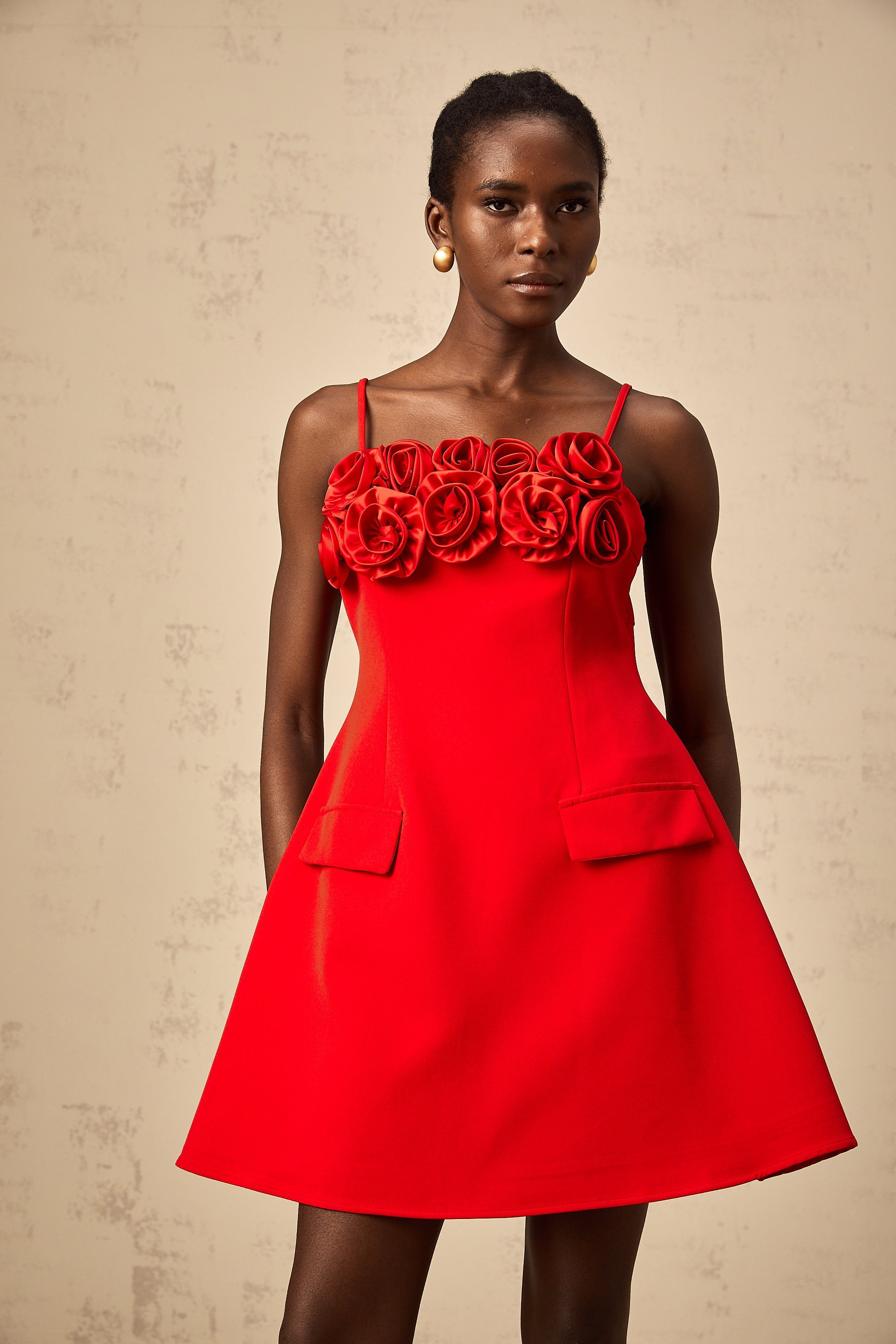 Mignon rose-appliqué flared mini dress in Red