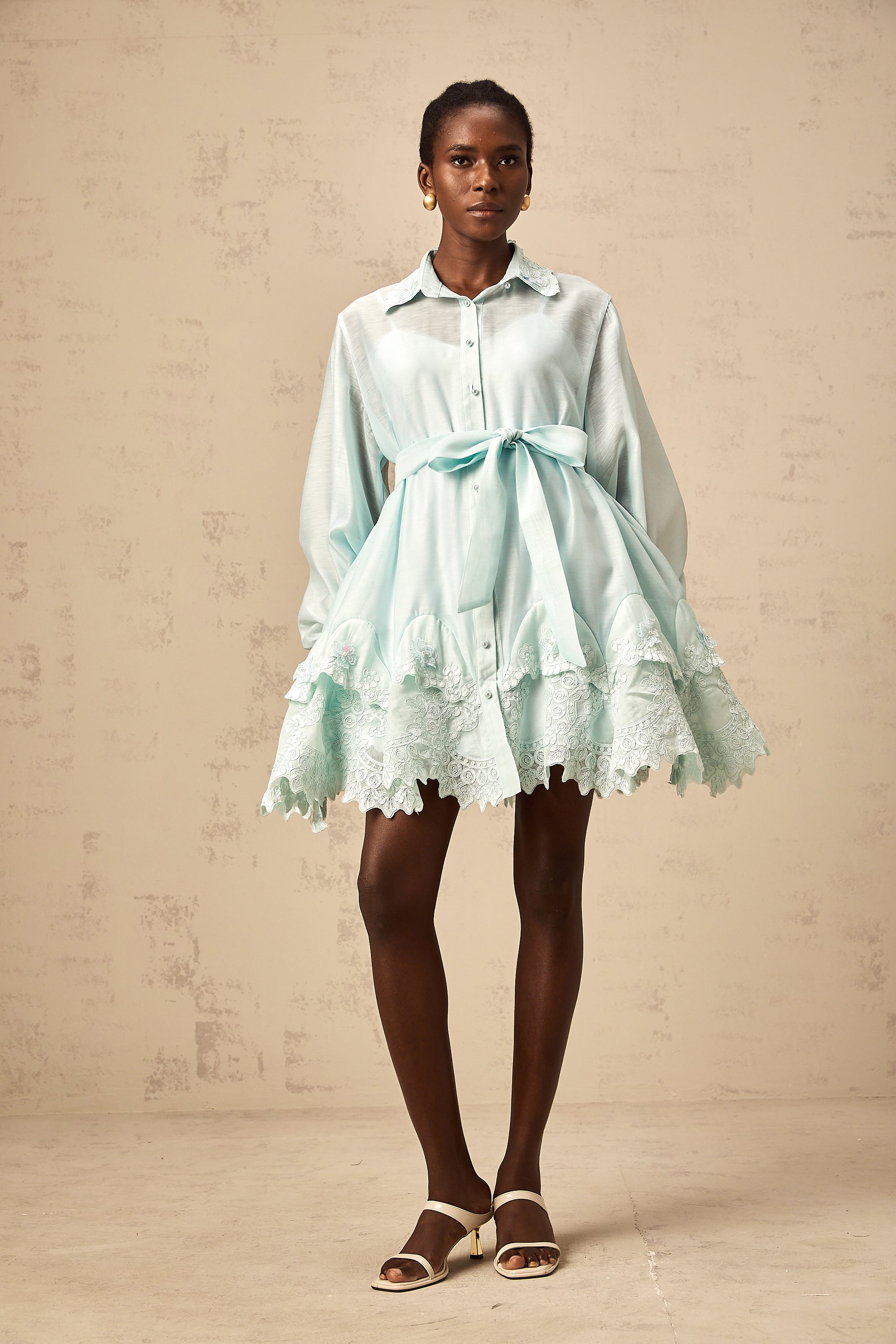 Ivana green lace-panel mini shirt dress
