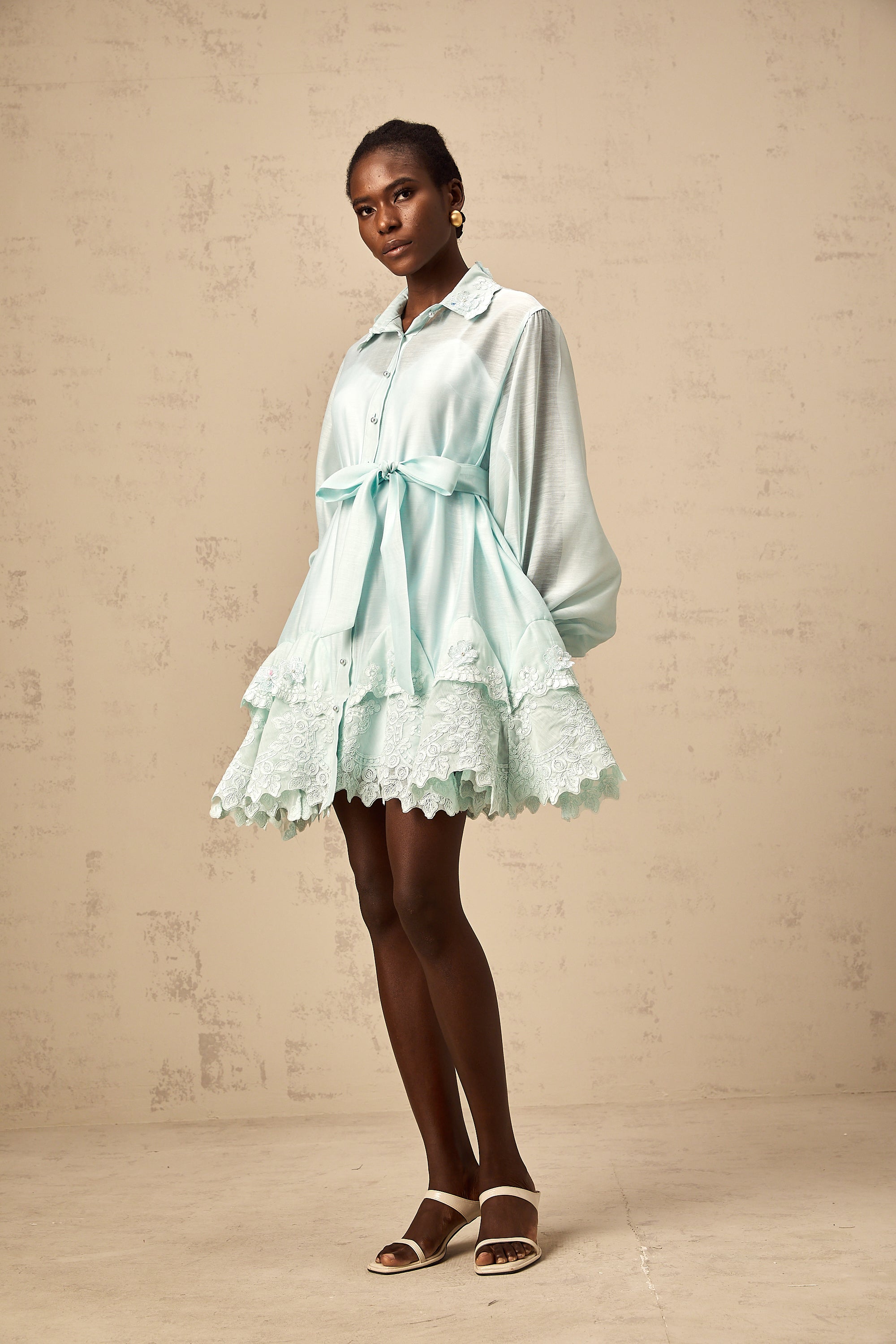 Ivana green lace-panel mini shirt dress