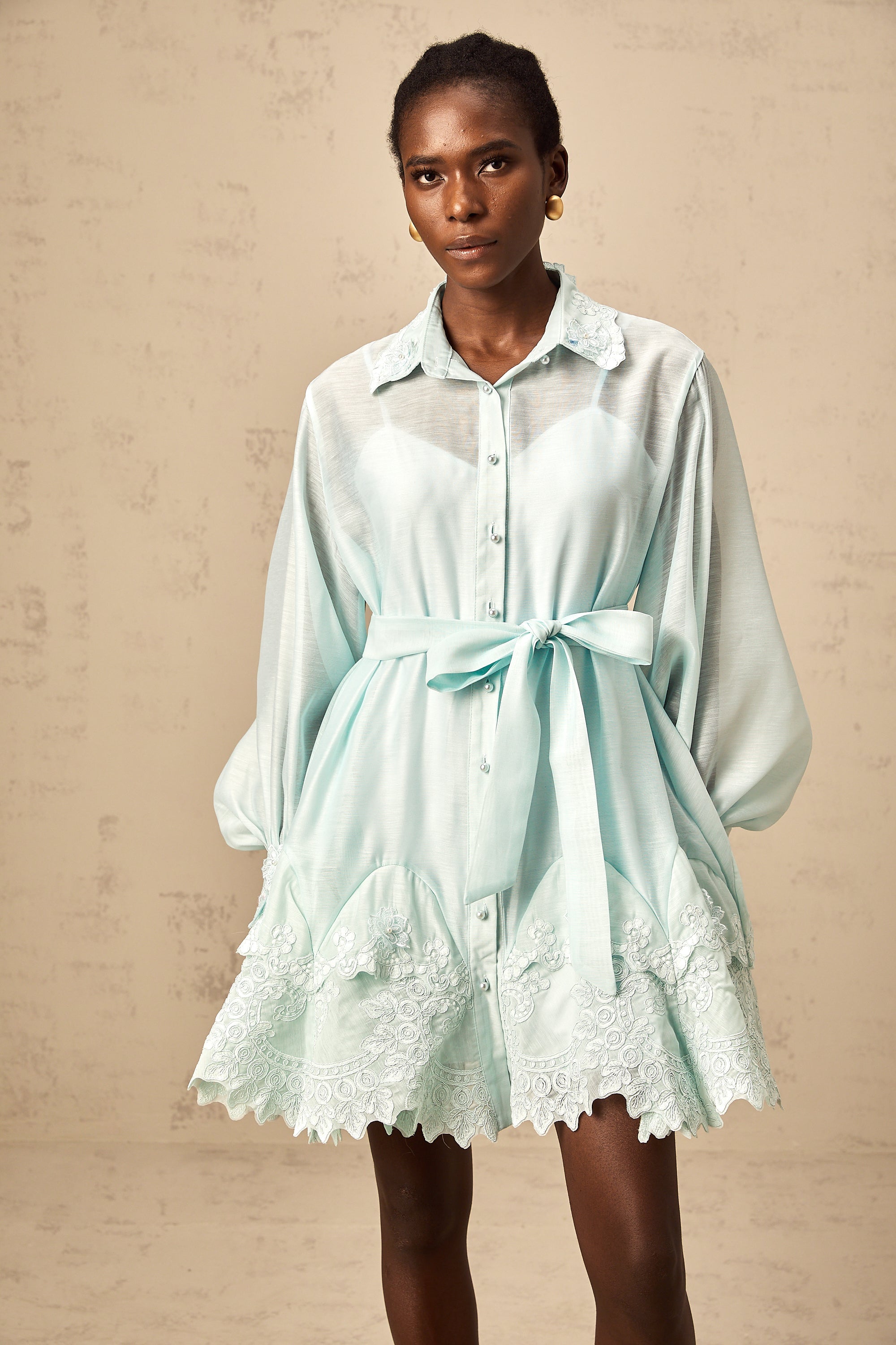 Ivana green lace-panel mini shirt dress