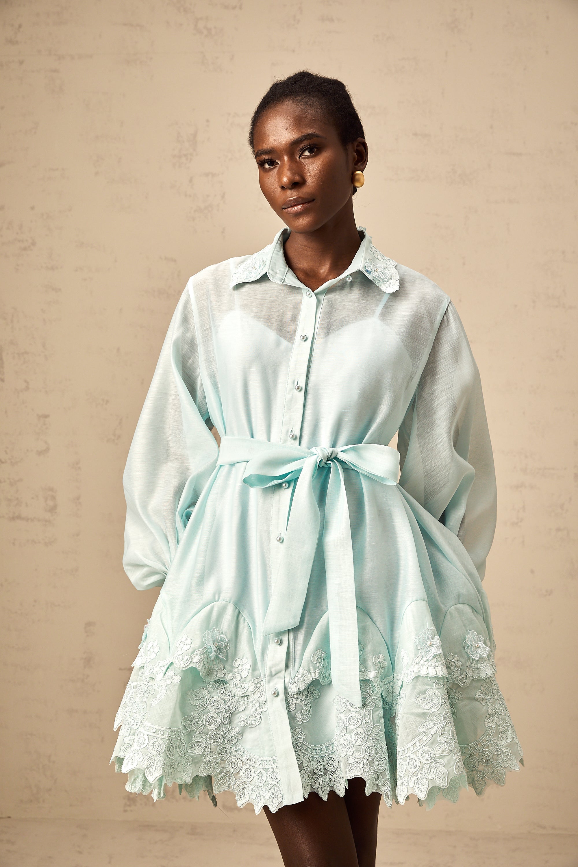 Ivana green lace-panel mini shirt dress