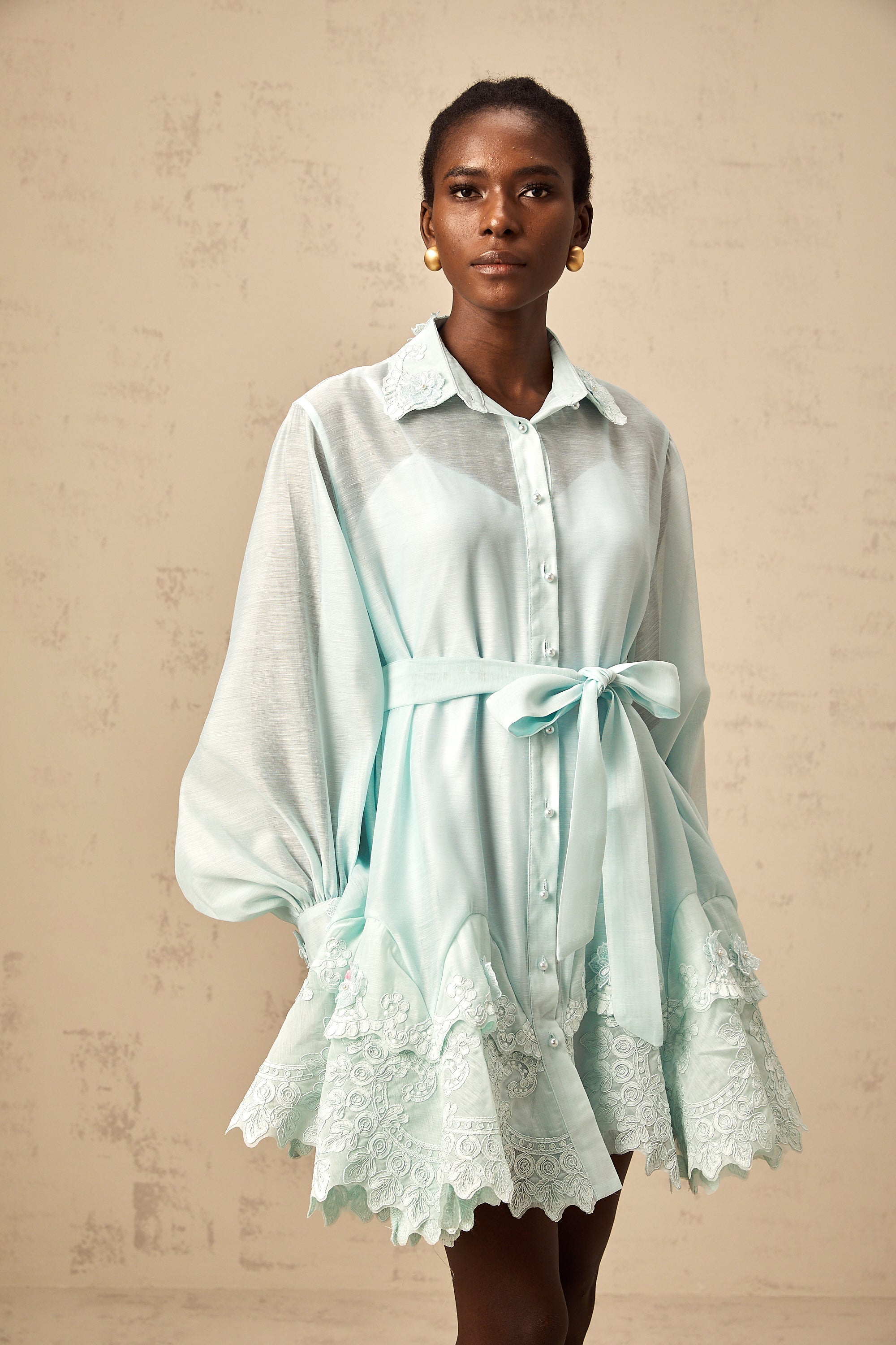 Ivana green lace-panel mini shirt dress