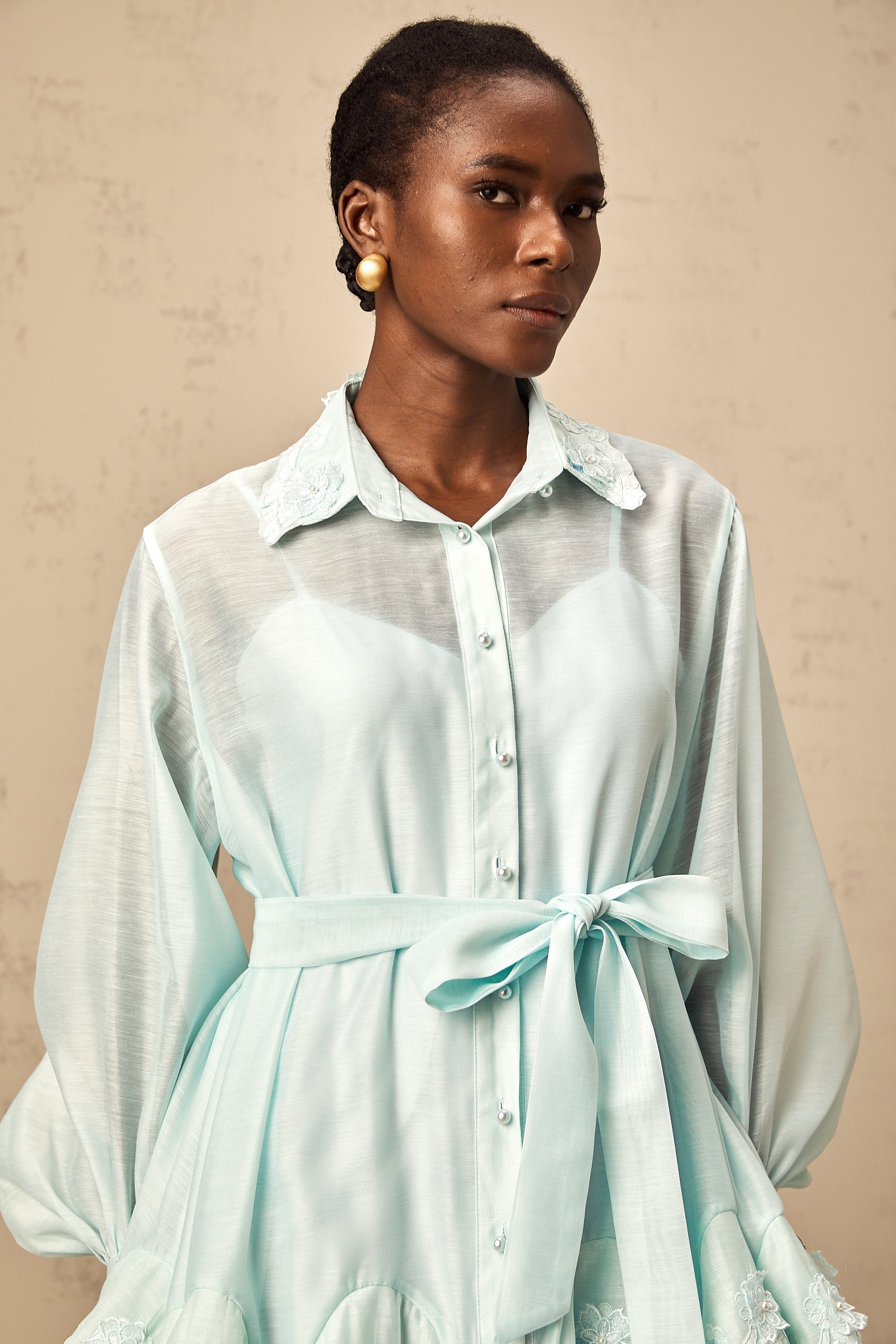 Ivana green lace-panel mini shirt dress
