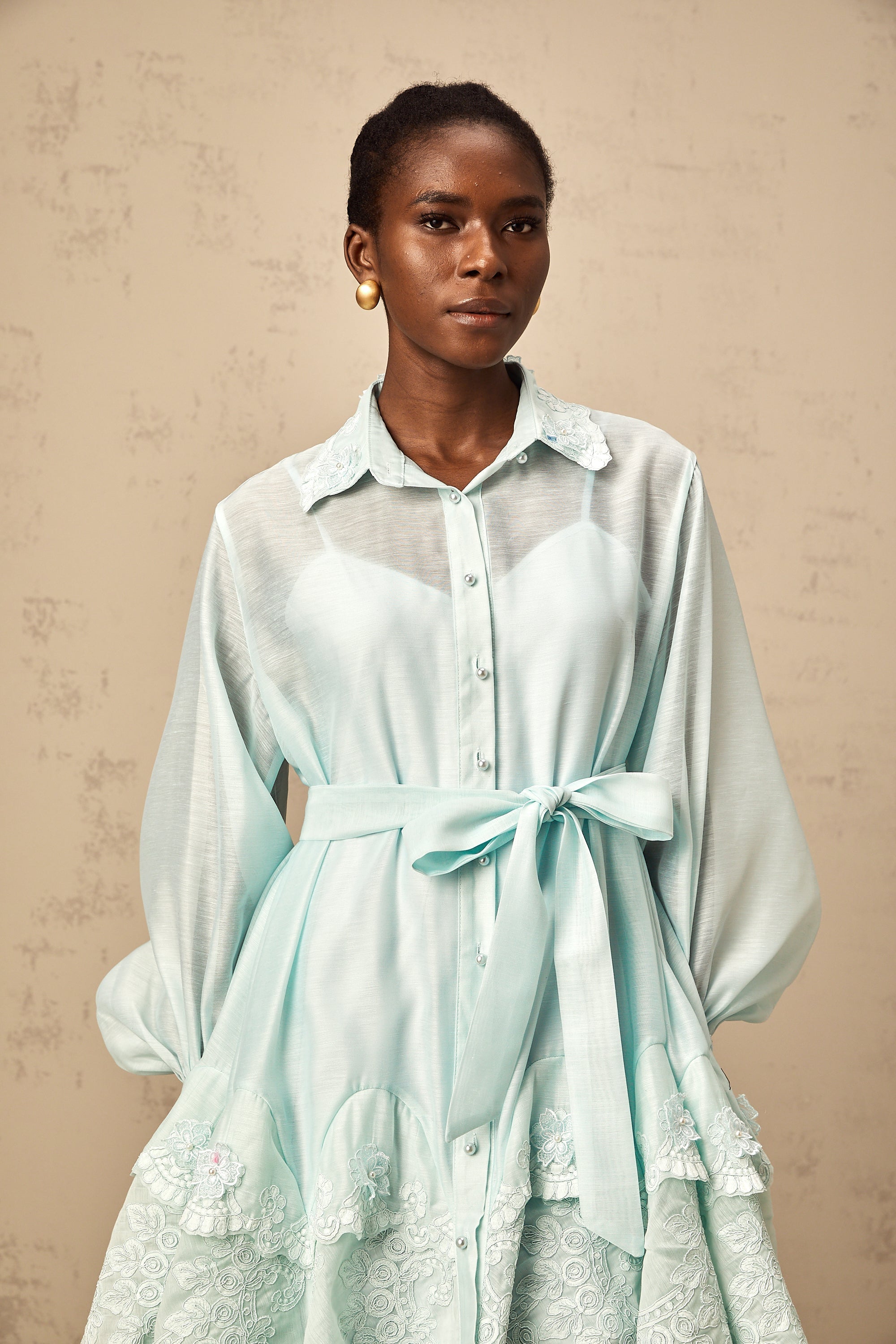 Ivana green lace-panel mini shirt dress