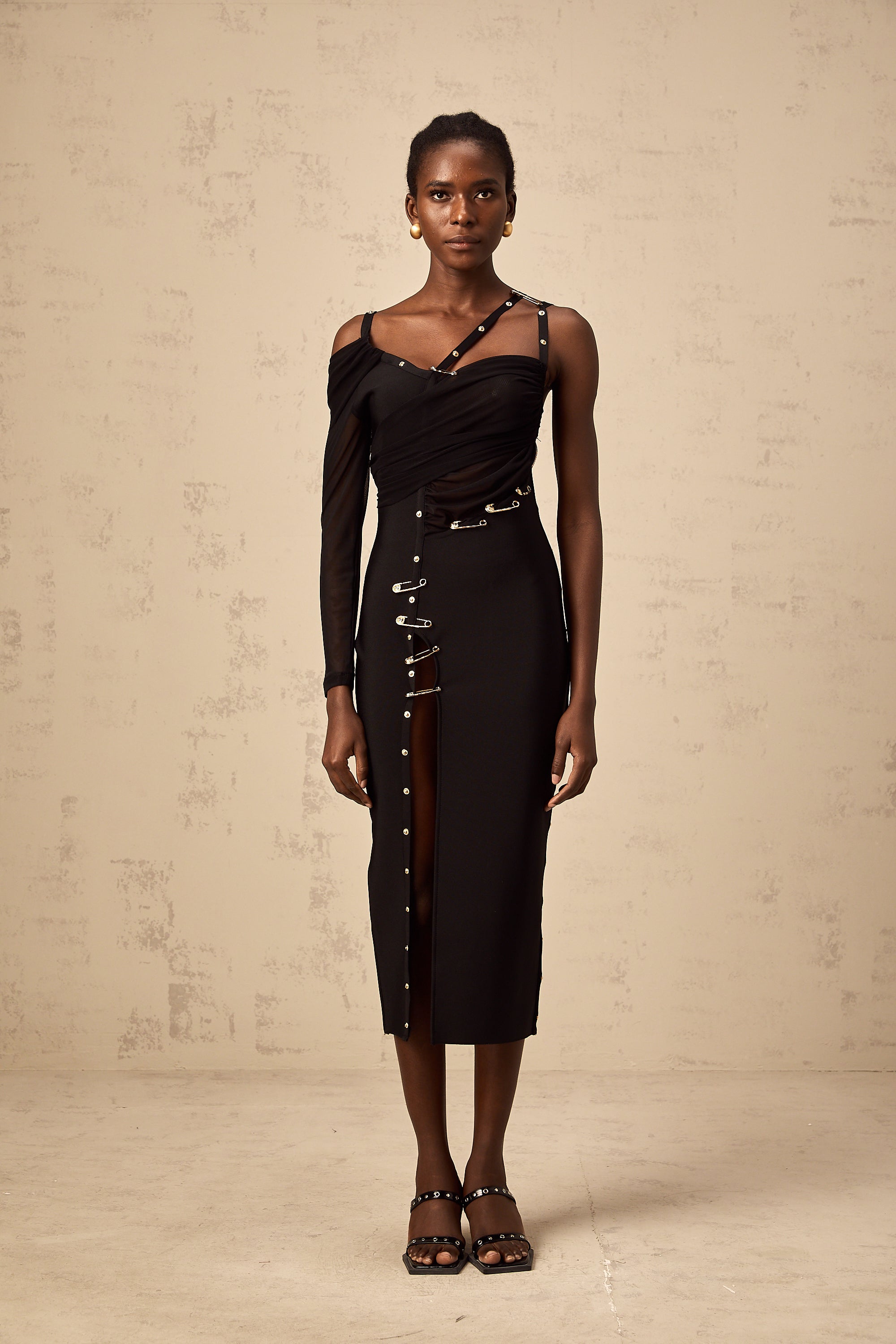 Louise black cut-out asymmetrical midi dress