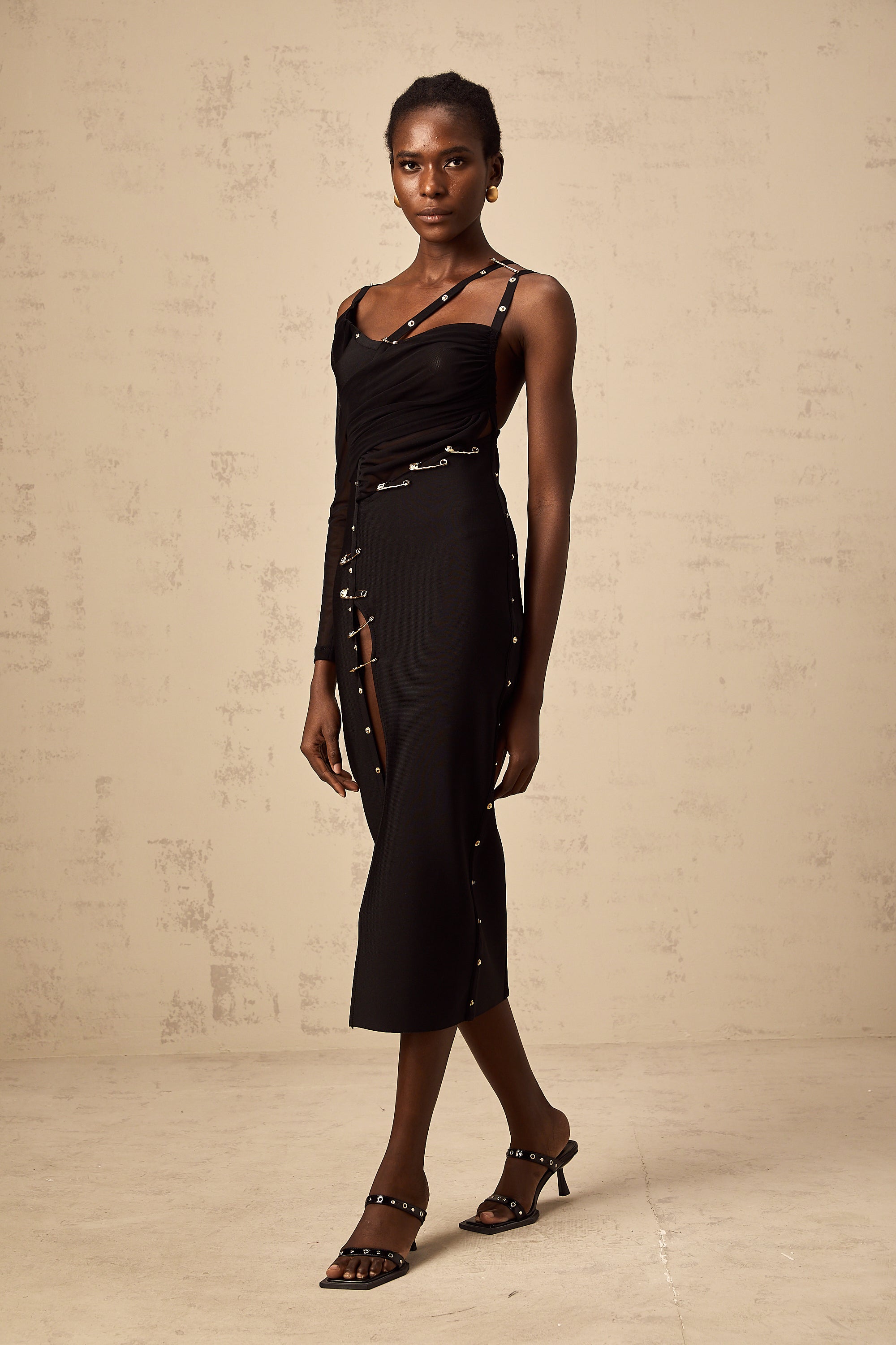 Louise black cut-out asymmetrical midi dress