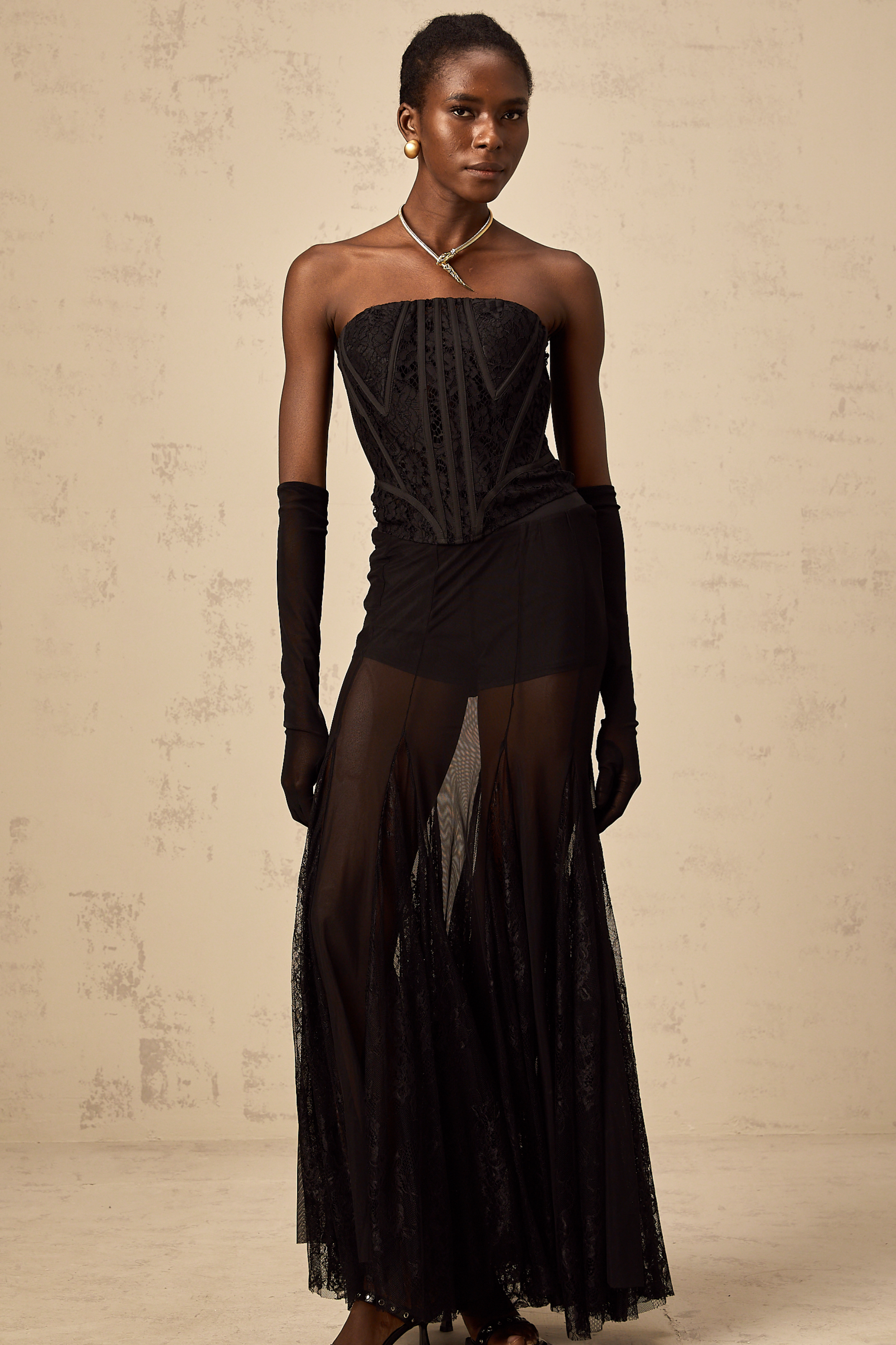 Violaine black floral-lace corset & skirt & gloves matching set (US Only)