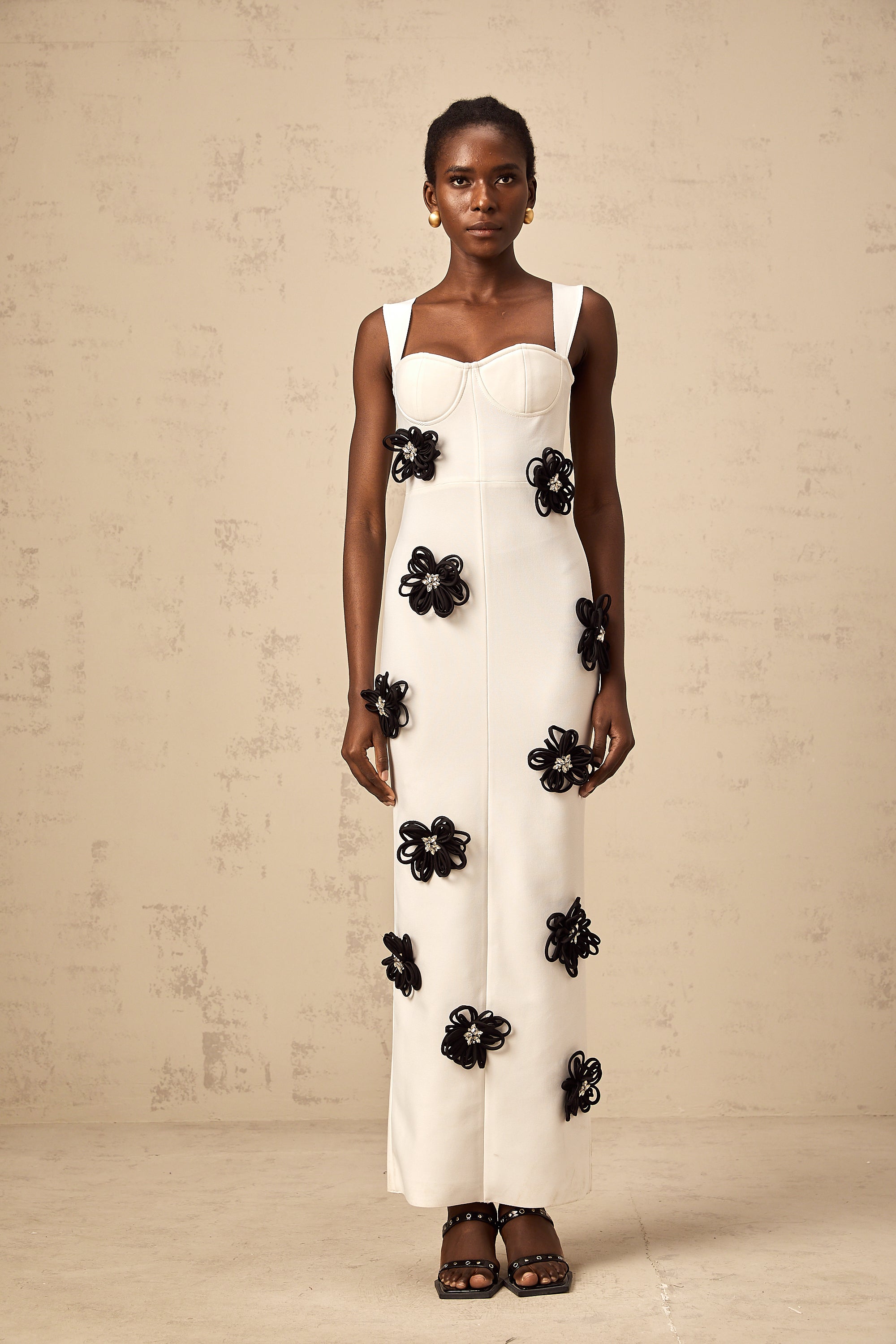 Olivia white floral-appliqué bandage maxi dress