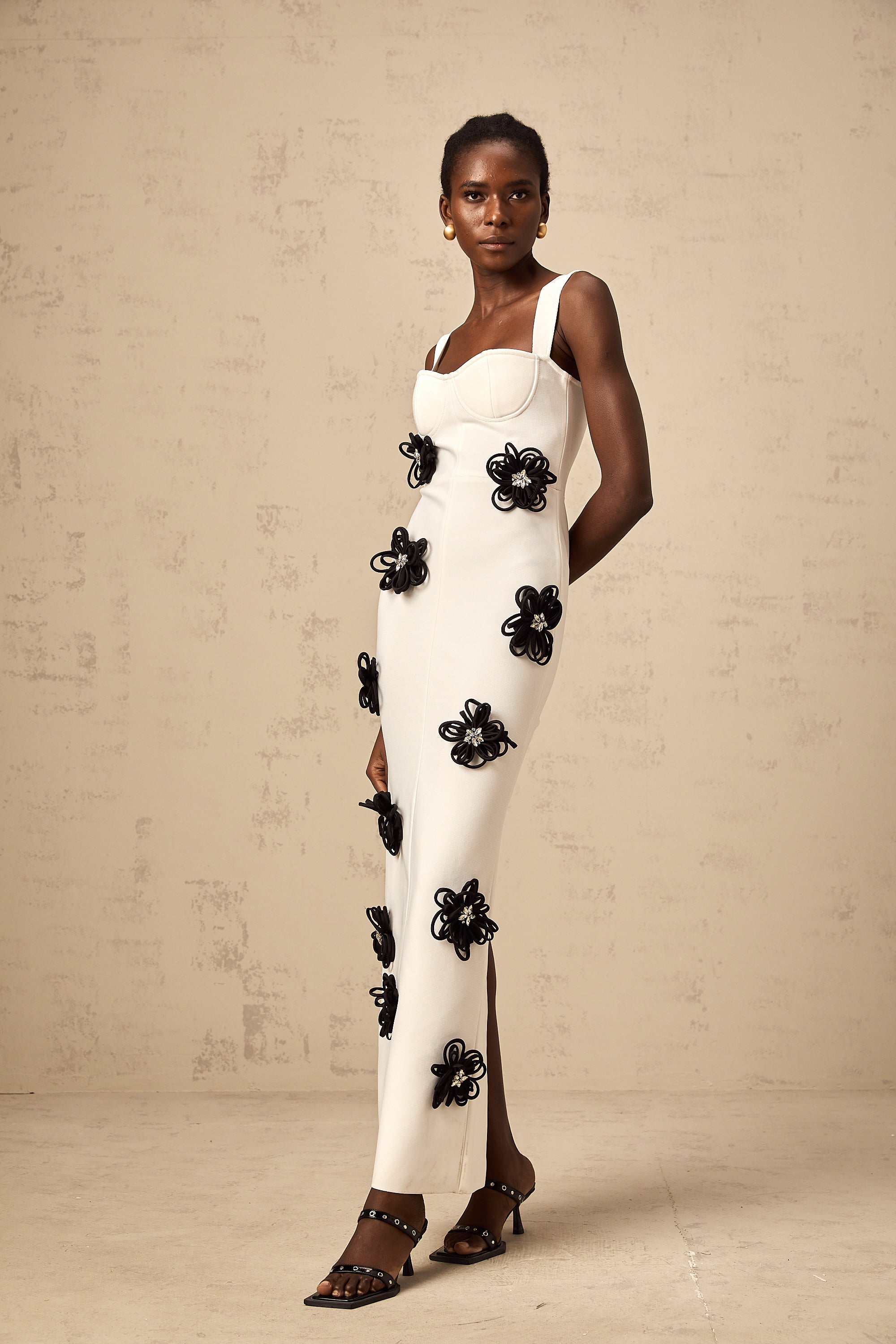 Olivia white floral-appliqué bandage maxi dress