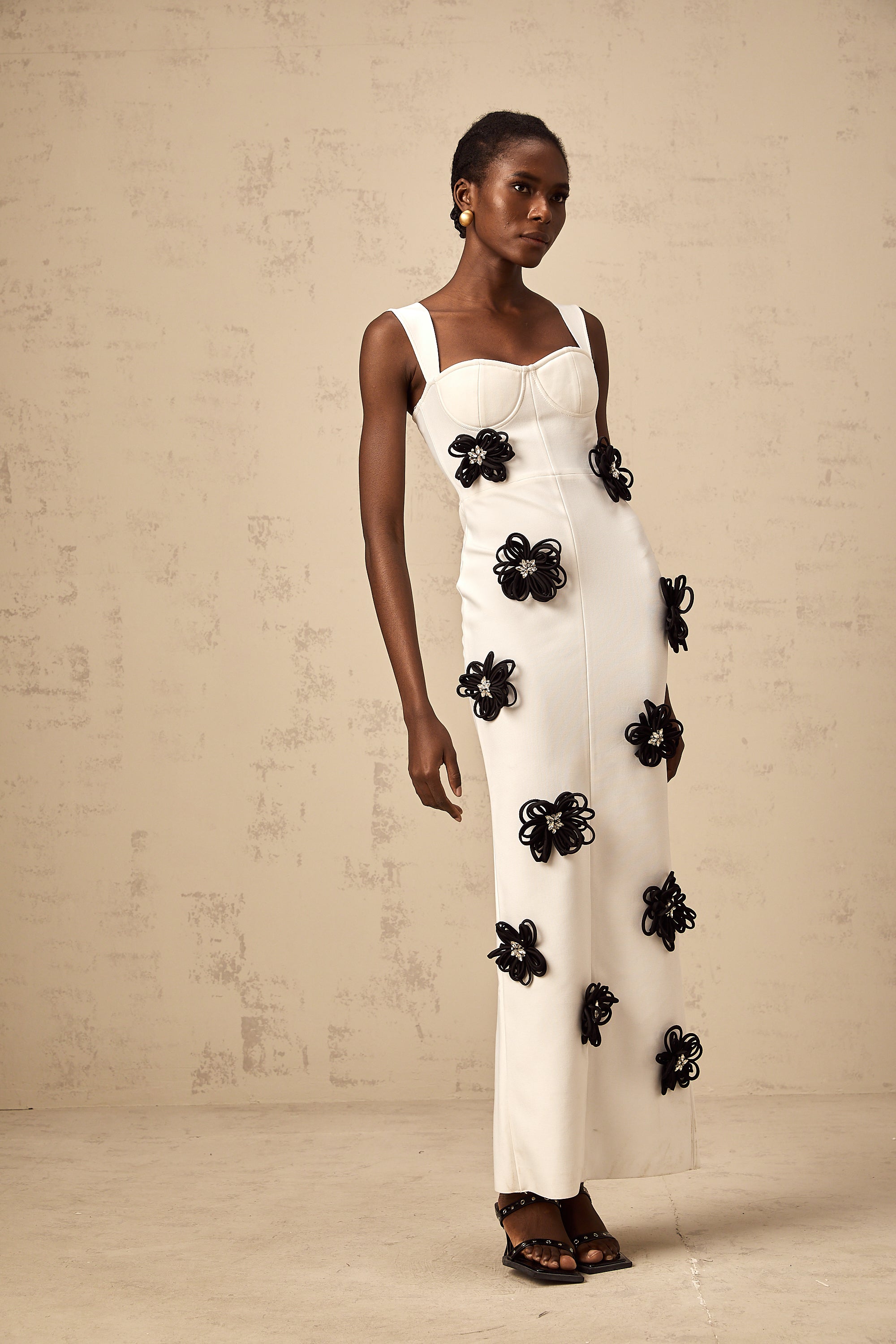 Olivia white floral-appliqué bandage maxi dress