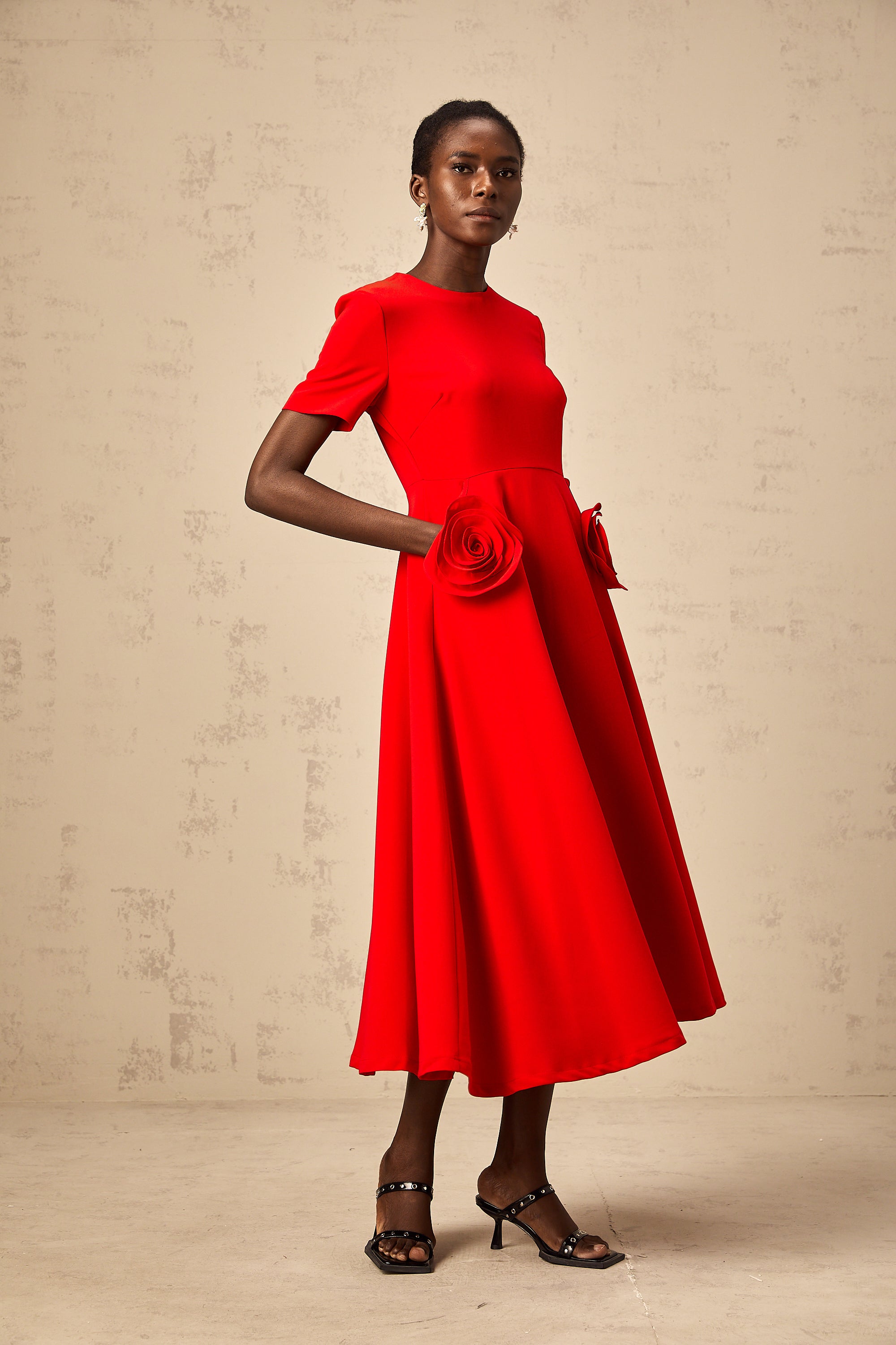 Isolde red floral-appliqué midi dress