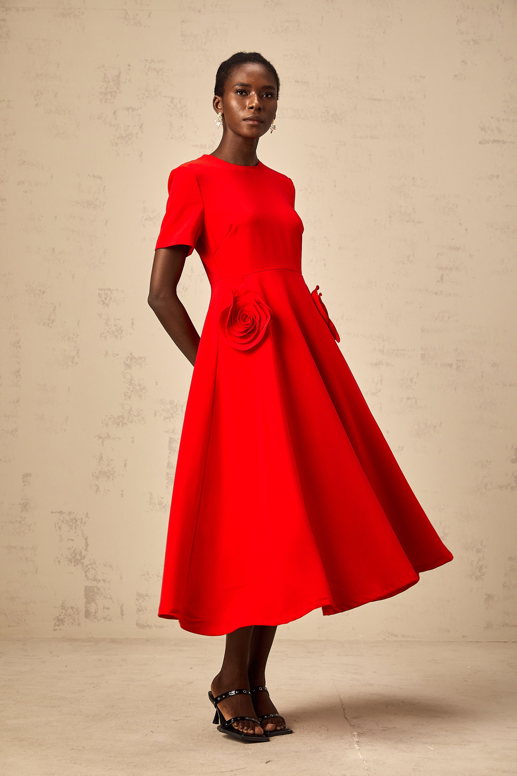 Isolde red floral-appliqué midi dress