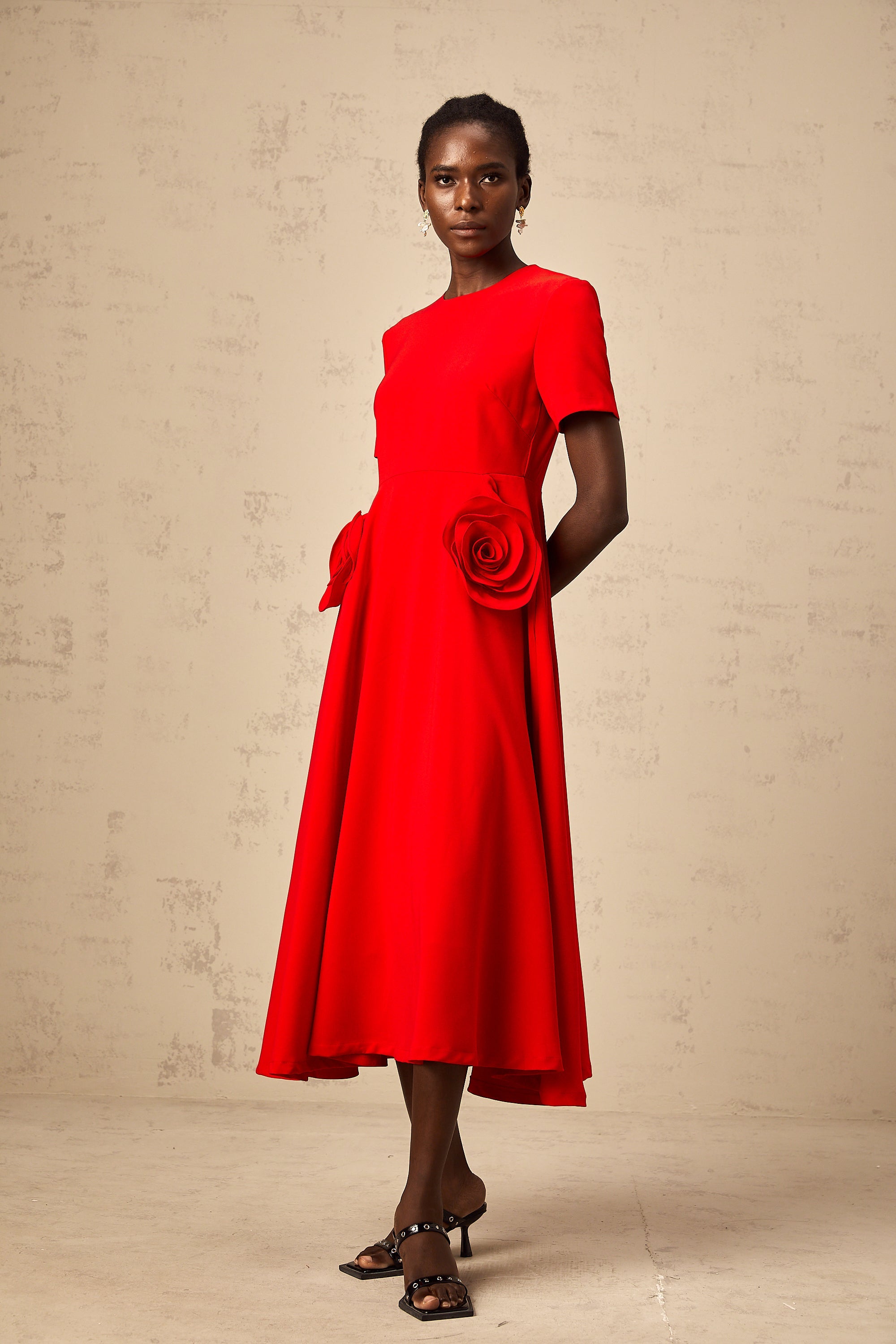 Isolde red floral-appliqué midi dress