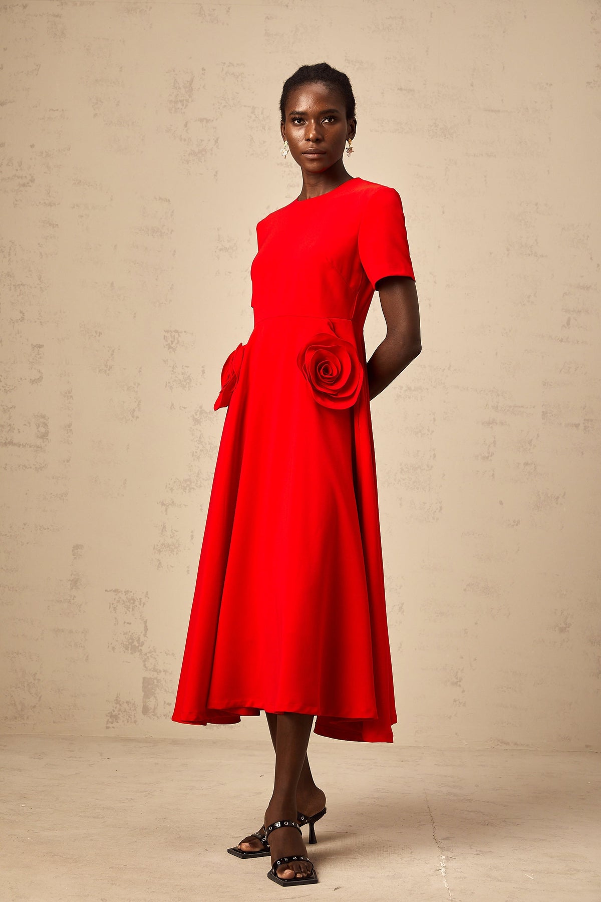 Isolde red floral-appliqué midi dress